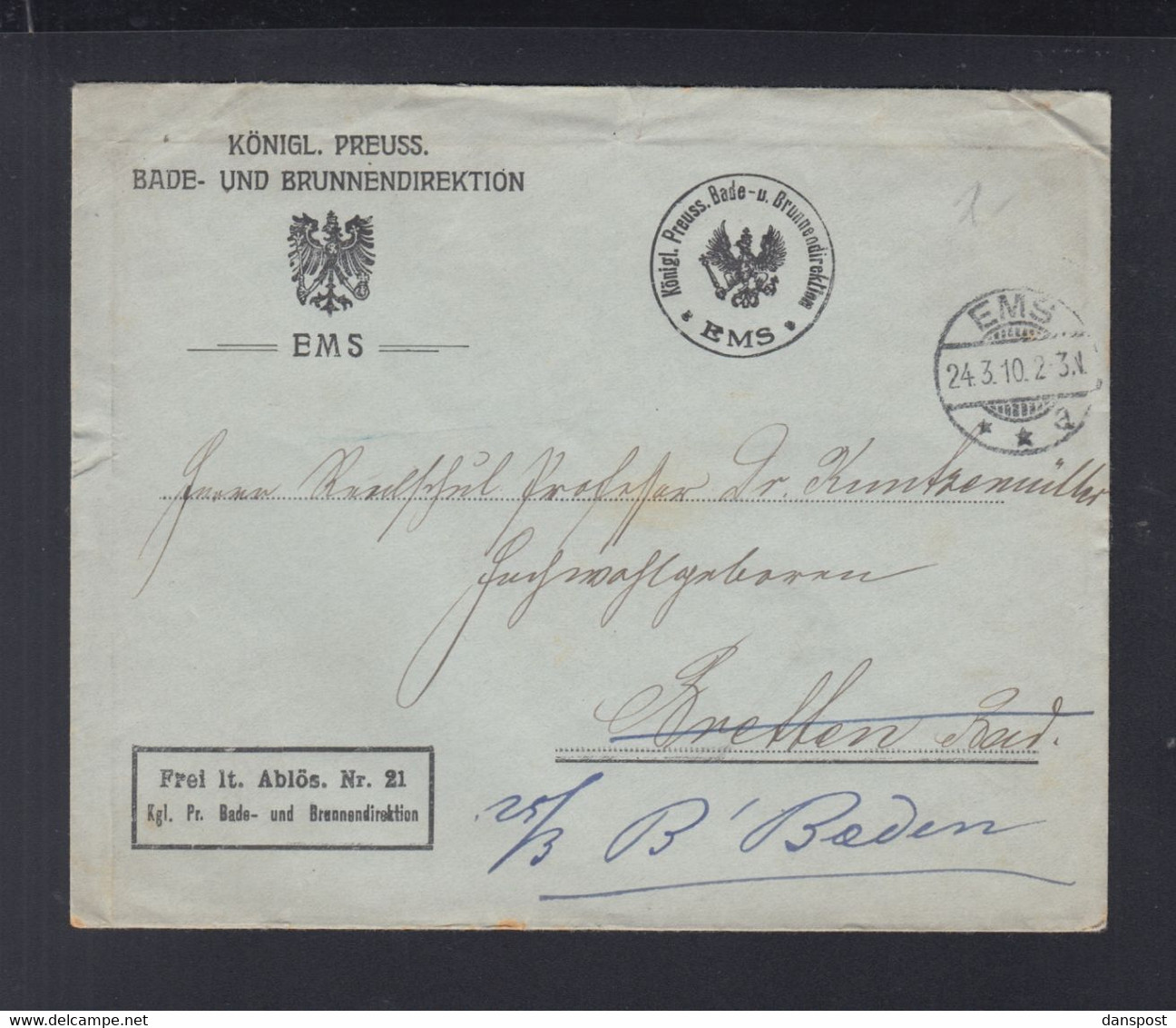 Dt. Reich Couvert 1910 Bade U. Brunnendirektion Ems - Covers & Documents