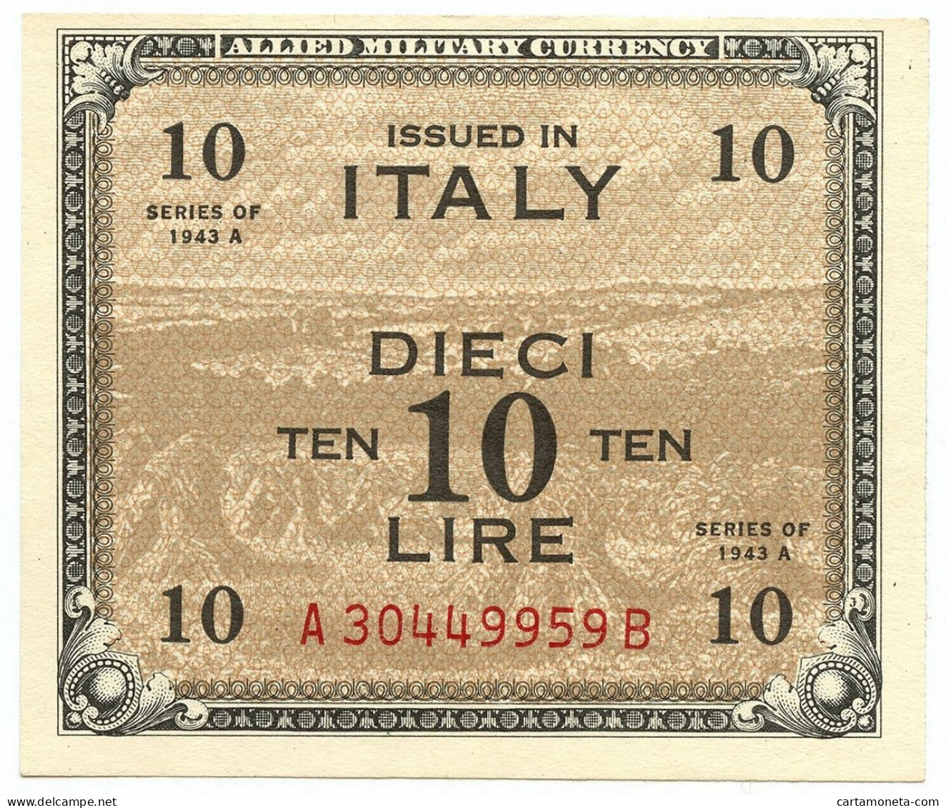 10 LIRE OCCUPAZIONE AMERICANA IN ITALIA BILINGUE FLC A-B 1943 A QFDS - Allied Occupation WWII