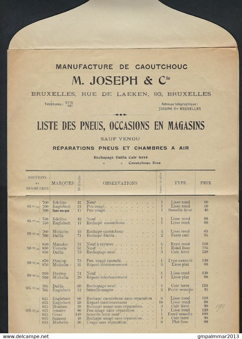 Prijslijst Van PNEUS & CHAMBRES A AIR Verzonden Te BRUSSEL Met Nr. 81 TYPO Nr. 17B ; Staat Zie 2 Scans ! LOT 347 - Typos 1906-12 (Armoiries)