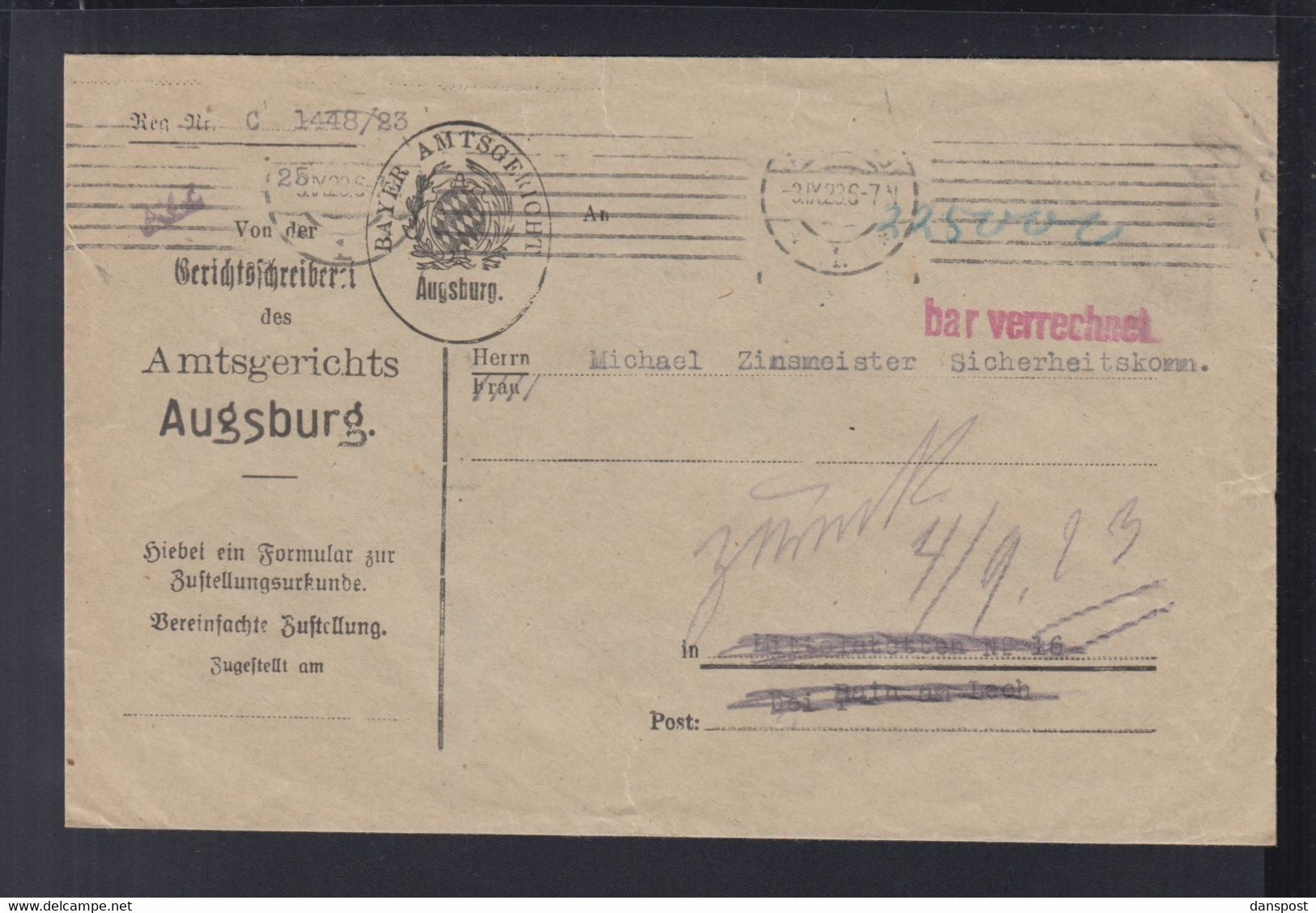 Dt. Reich Couvert Augsburg 1923 Bar Verrechnet - Covers & Documents