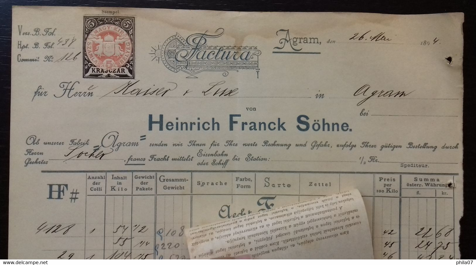 Factura - Heinrich Franck Sohne - 1894, With A Receipt (Elismerveny) That Is Attached To The Invoice-Fractur - Autres & Non Classés