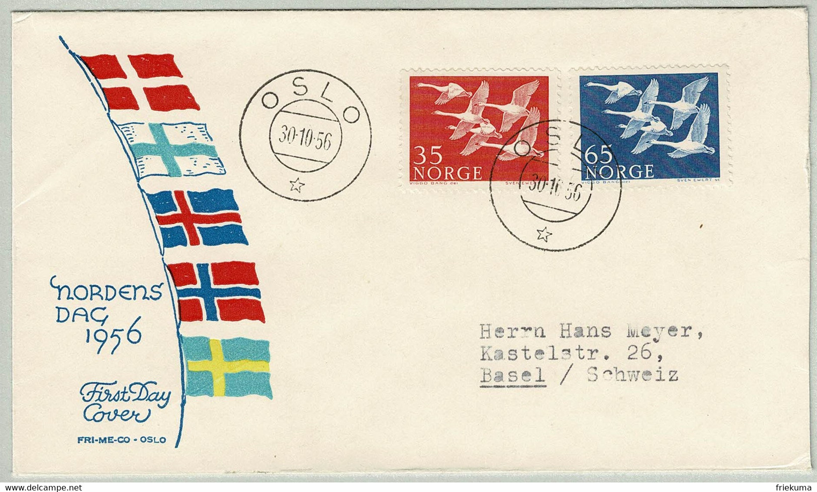 Norwegen / Norge 1956, FDC Oslo - Basel (Schweiz), Schwäne / Swan, Cygnus Cygnus - Cygnes