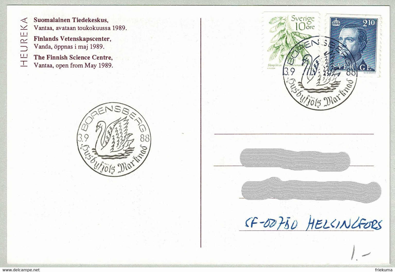 Schweden / Sverige 1988, Postkarte Borensberg - Helsingfors (Finnland), Schwan / Svan - Cygnes