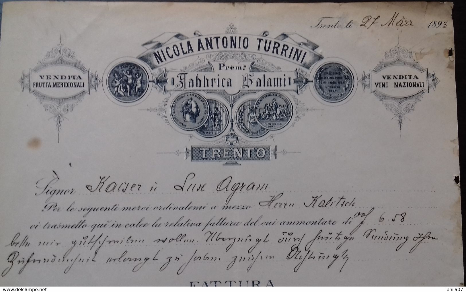 Nicola Antonio Turrini, 1893 - Fabrica Salami, Trento. Fattura - Other & Unclassified