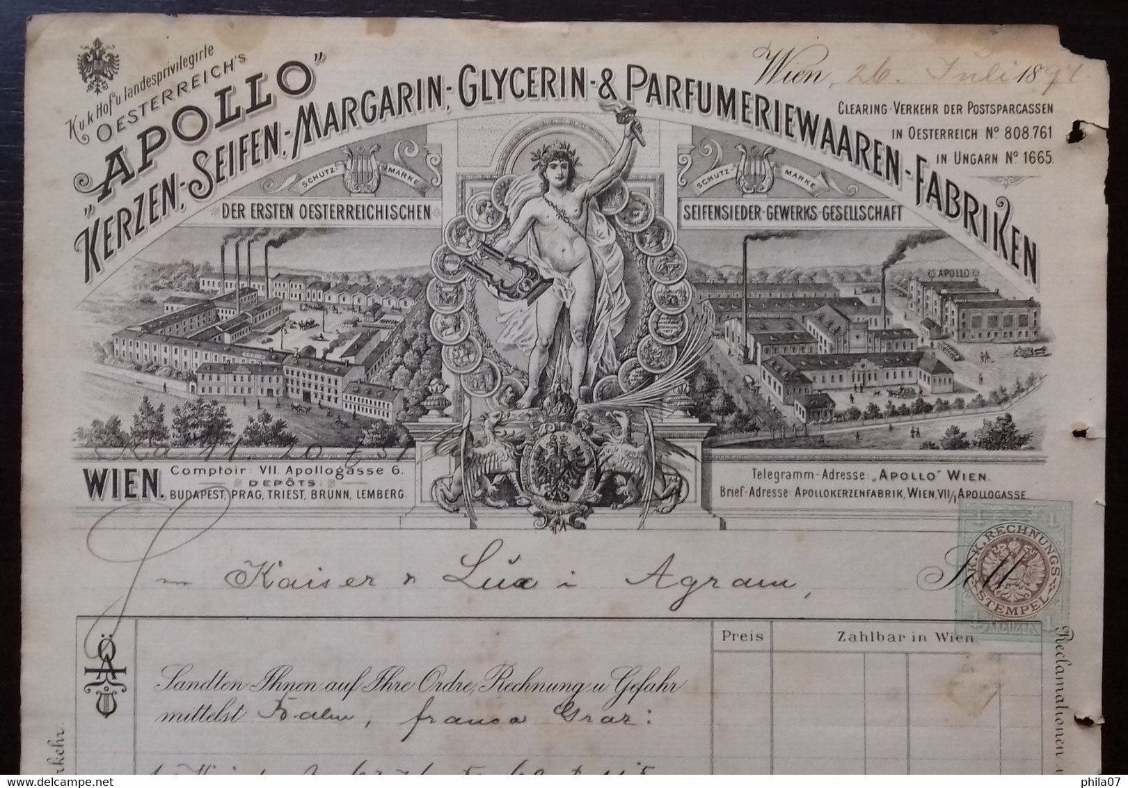 Perfumery Factory, Austria - 'Apollo' Kerzen Seifen Margarin-Glycerin 6 Parfumeriewaaren Fabriken, 1894. - Other & Unclassified