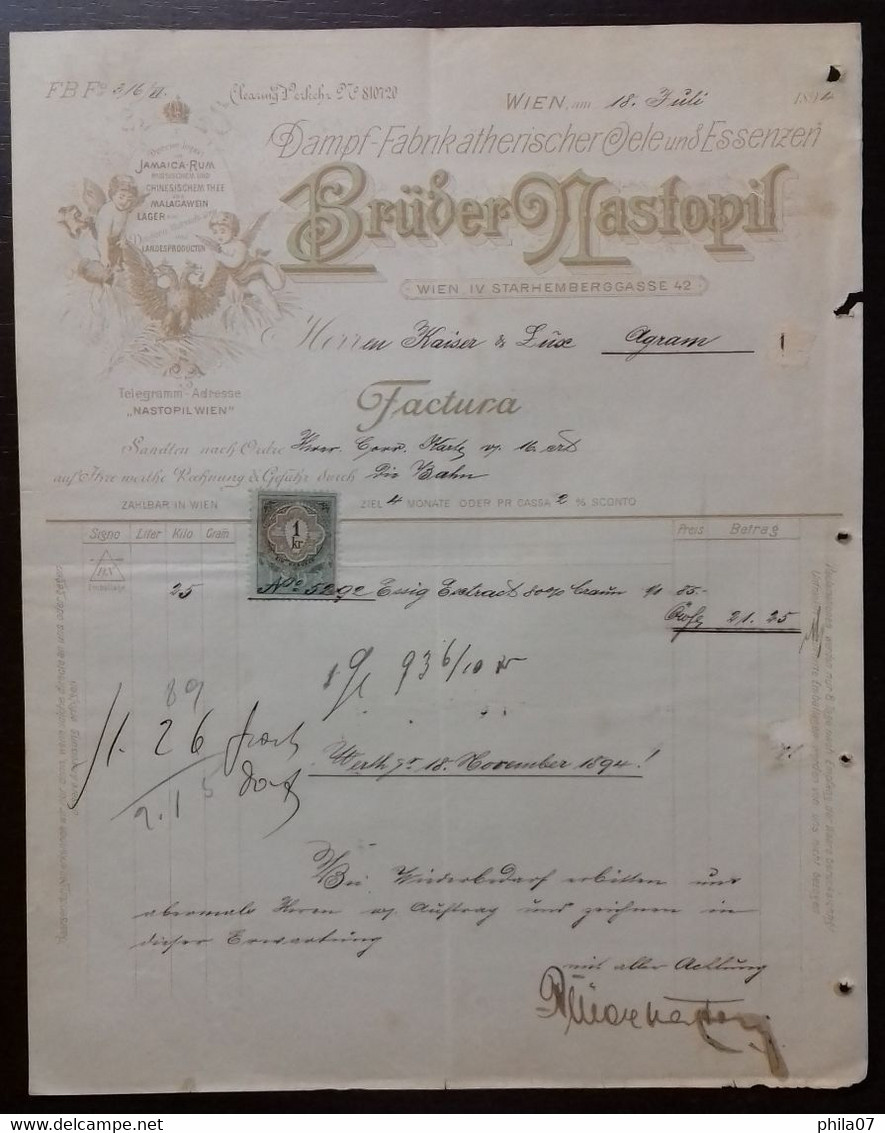 Steam Factory Of Essential Oils And Essences - Dampf-Fabrikatherischer Oele Und Essenzen, Bruder Nastopil, 1894. Factura - Other & Unclassified