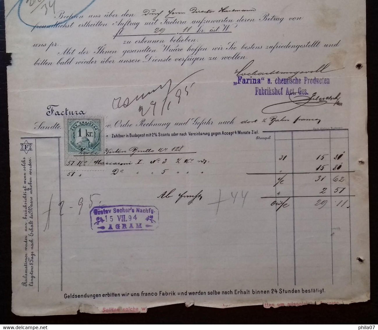 Chemical Products Plant, Budapest - 'Farina' Es Vegyi Termekek Gyartelepe Reszveny Tarsasag, 1894. Factura. 'Farina' U. - Andere & Zonder Classificatie