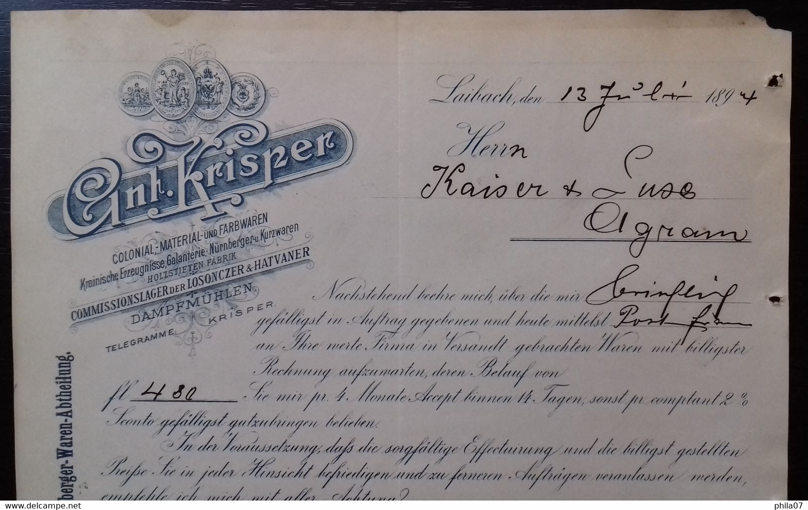 Cnl. Krisper, 1894. Colonial-Material Und Farbwaren Krainische Erzeugnisse Galanterie Nurnberger U. Kurzwaren Holzstiete - Sonstige & Ohne Zuordnung