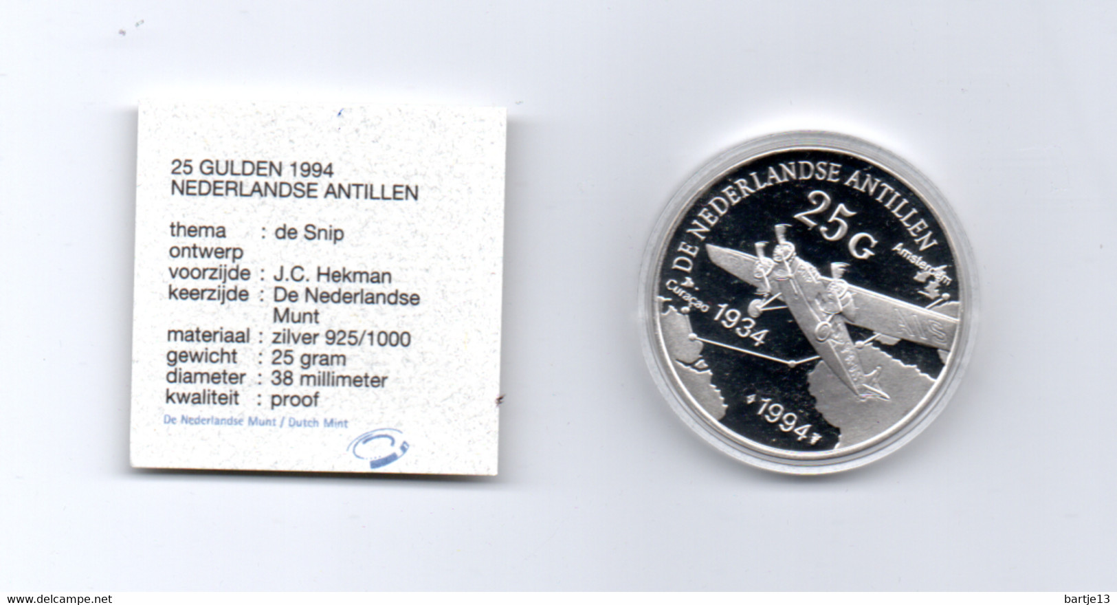 NED.ANTILLEN 25 GULDEN 1994 ZILVER PROOF DE SNIP VLIEGTUIG - Antilles