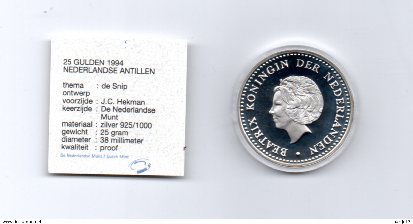 NED.ANTILLEN 25 GULDEN 1994 ZILVER PROOF DE SNIP VLIEGTUIG - Antille