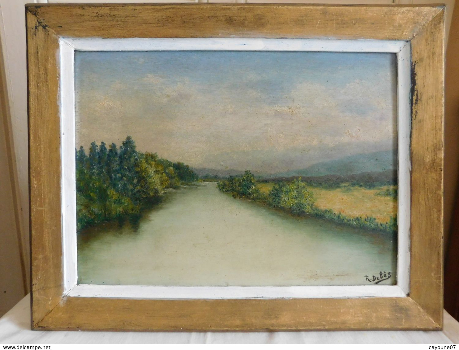 R. DUBÈS (XXème) Huile Sur Panneau "Paysage De Rivière Et Montagne " Encadrée - Olii