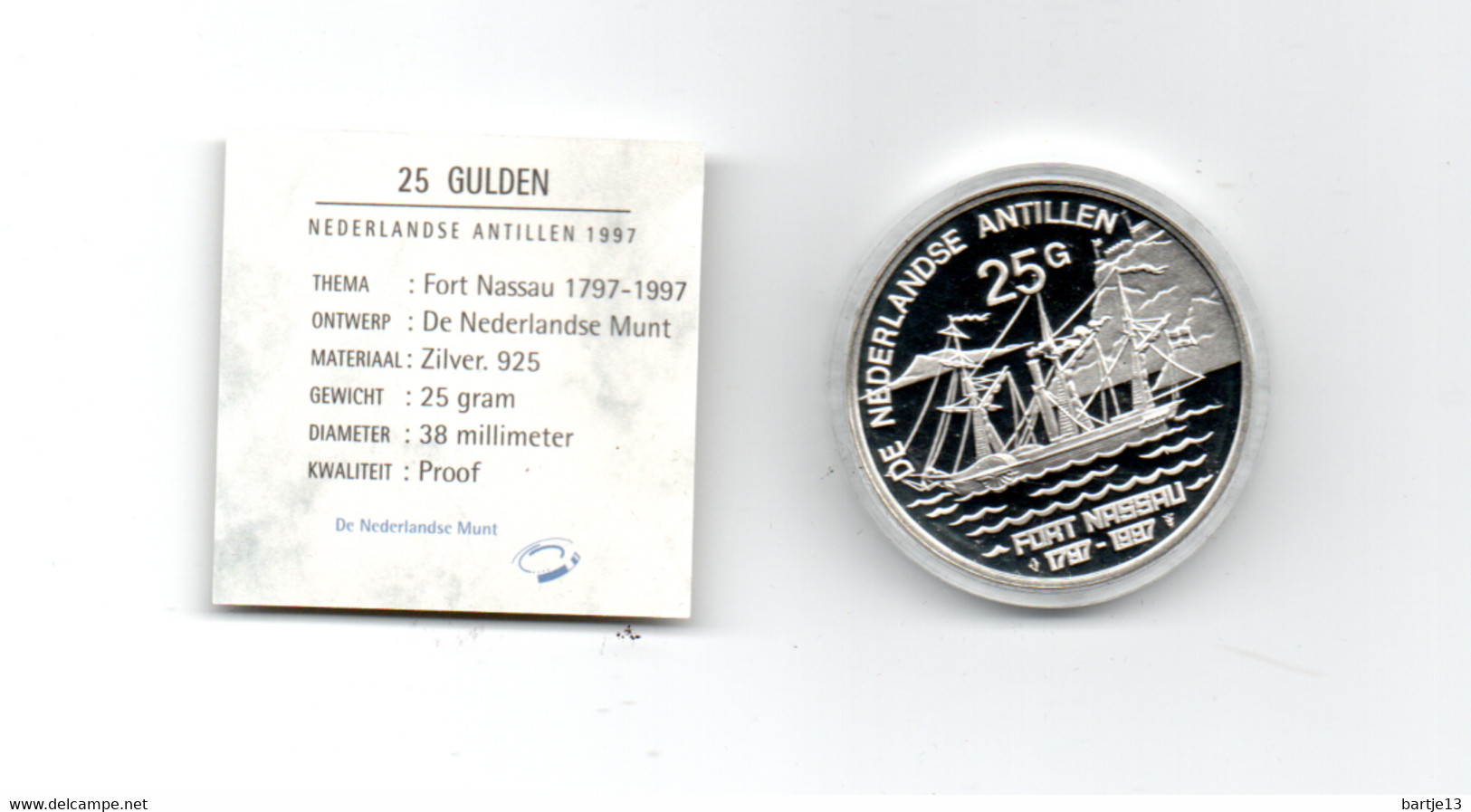 NED.ANTILLEN 25 GULDEN 1997 ZILVER PROOF FORT NASSAU 1797-1997 SCHIP - Antilles