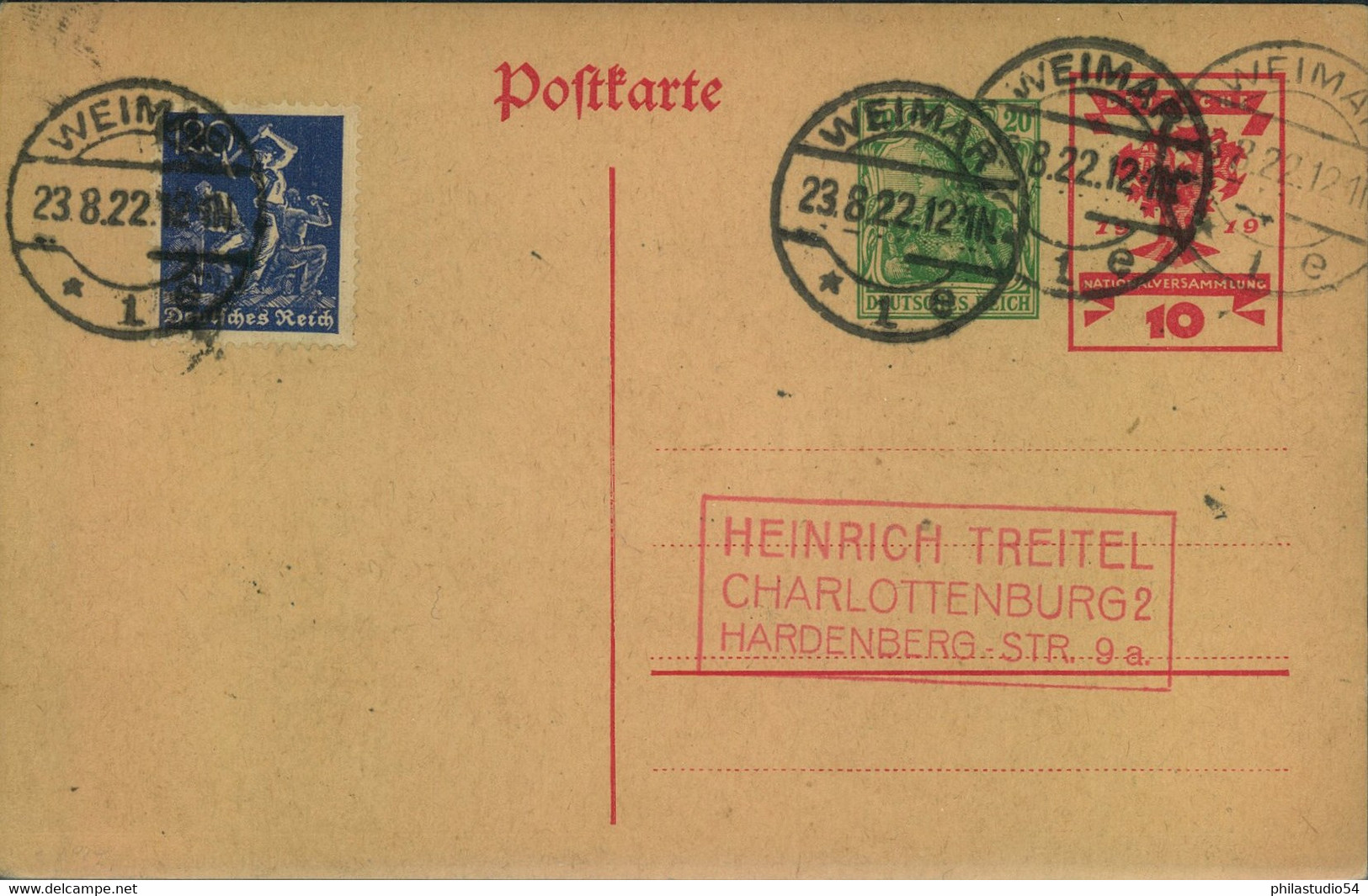 1922, 120 Pfg. Arbeiter (Wz. 2) Portogerecht Auf Ganzsache  Ab WEIMAR 23.8.22 - Geprüft - Michel PZP 34, 188 - Interi Postali