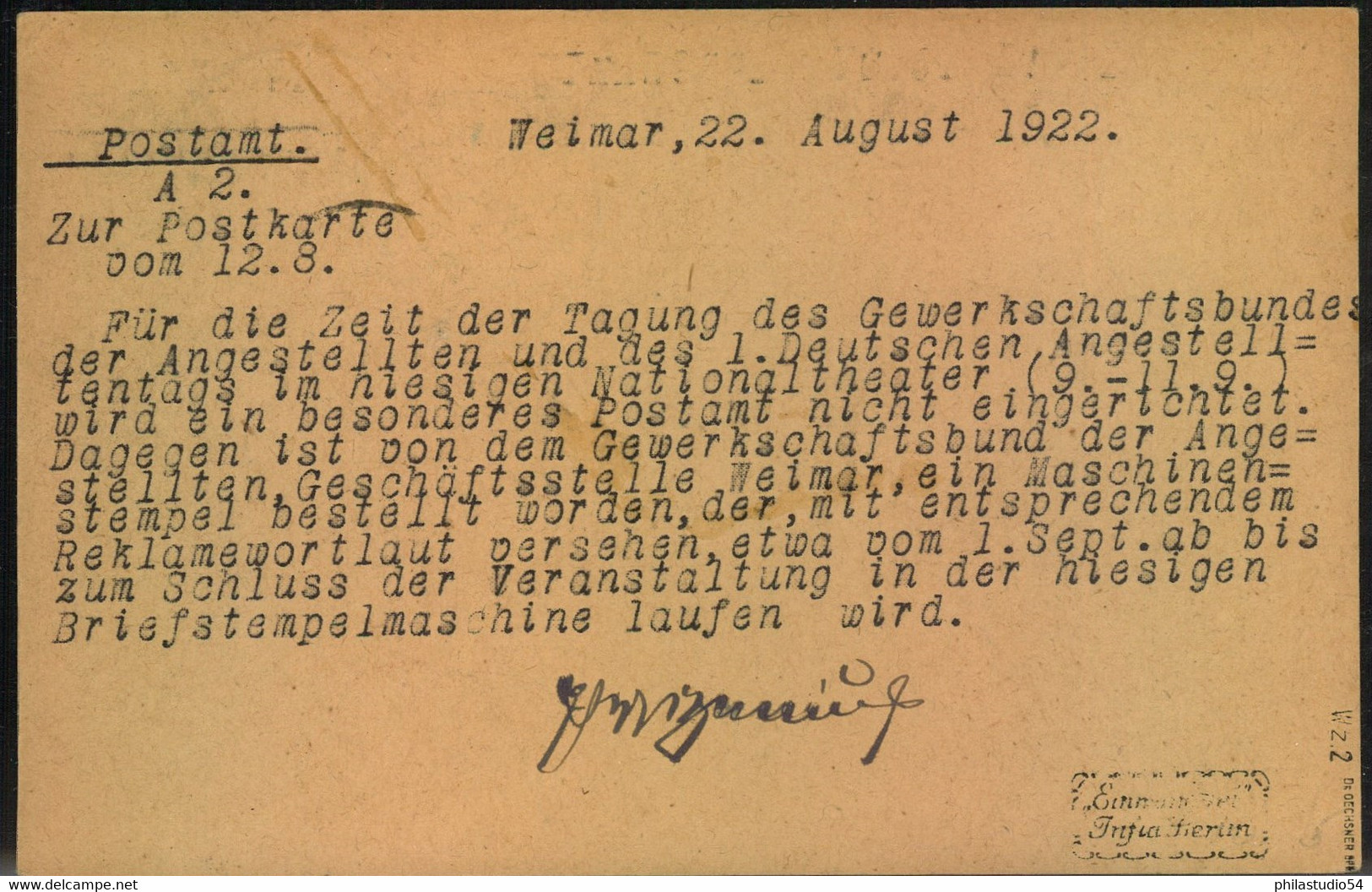 1922, 120 Pfg. Arbeiter (Wz. 2) Portogerecht Auf Ganzsache  Ab WEIMAR 23.8.22 - Geprüft - Michel PZP 34, 188 - Postal  Stationery