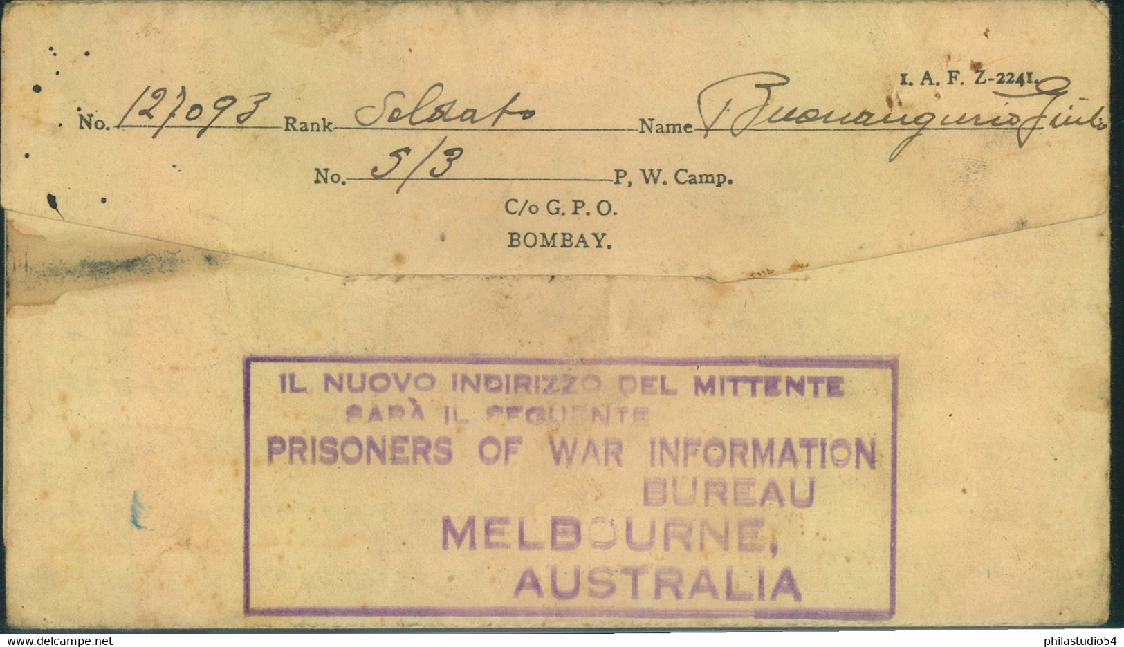 1944, Letter From Italian POW In India Via G.P.O. Bonbay And Italian Information Bureau In Melbourne, Austarlia To Italy - Sin Clasificación