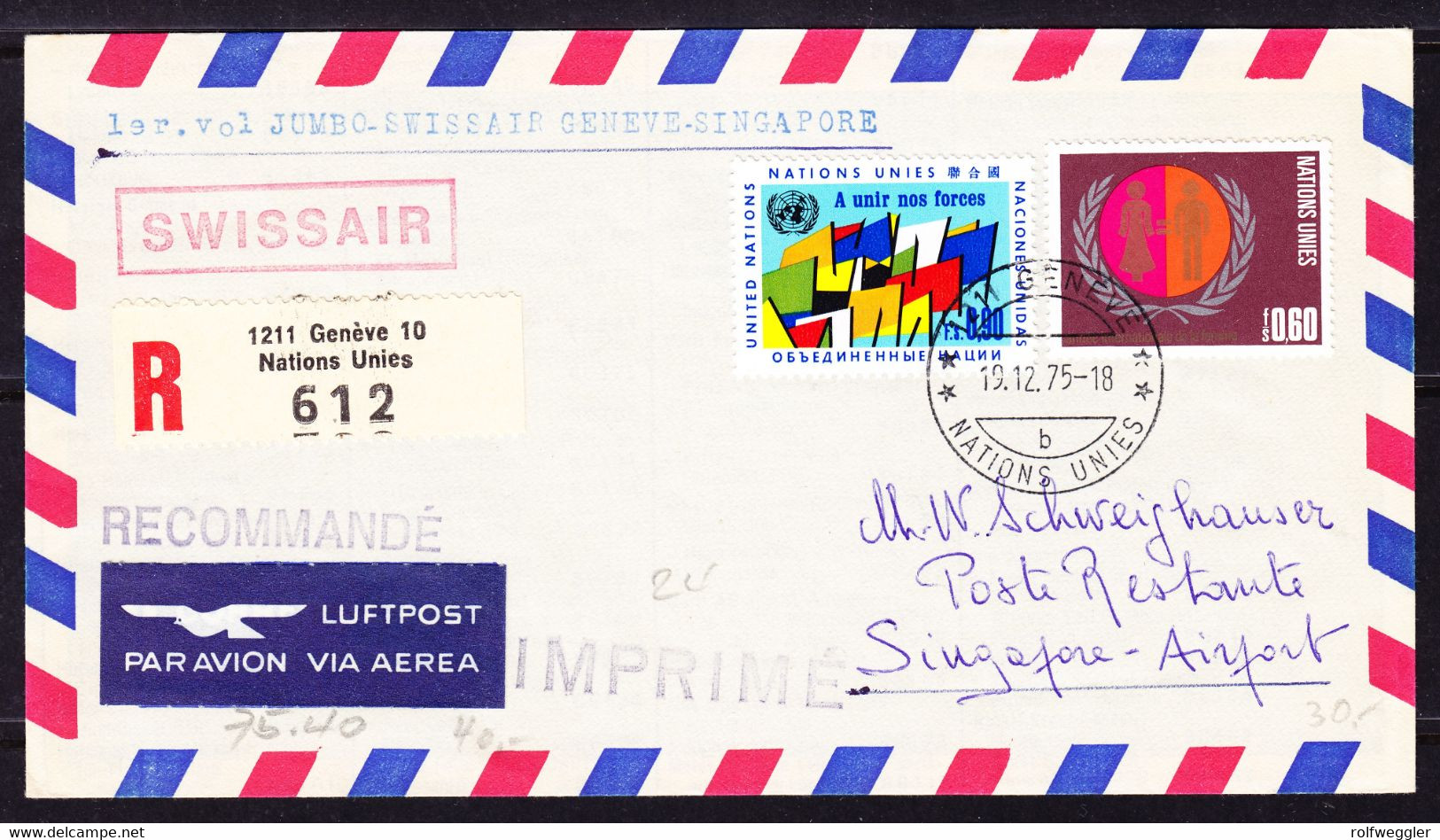 1975 Eingeschriebener Erstflug Jumbo- Swissair, Genève Nach Singapore. - Airmail