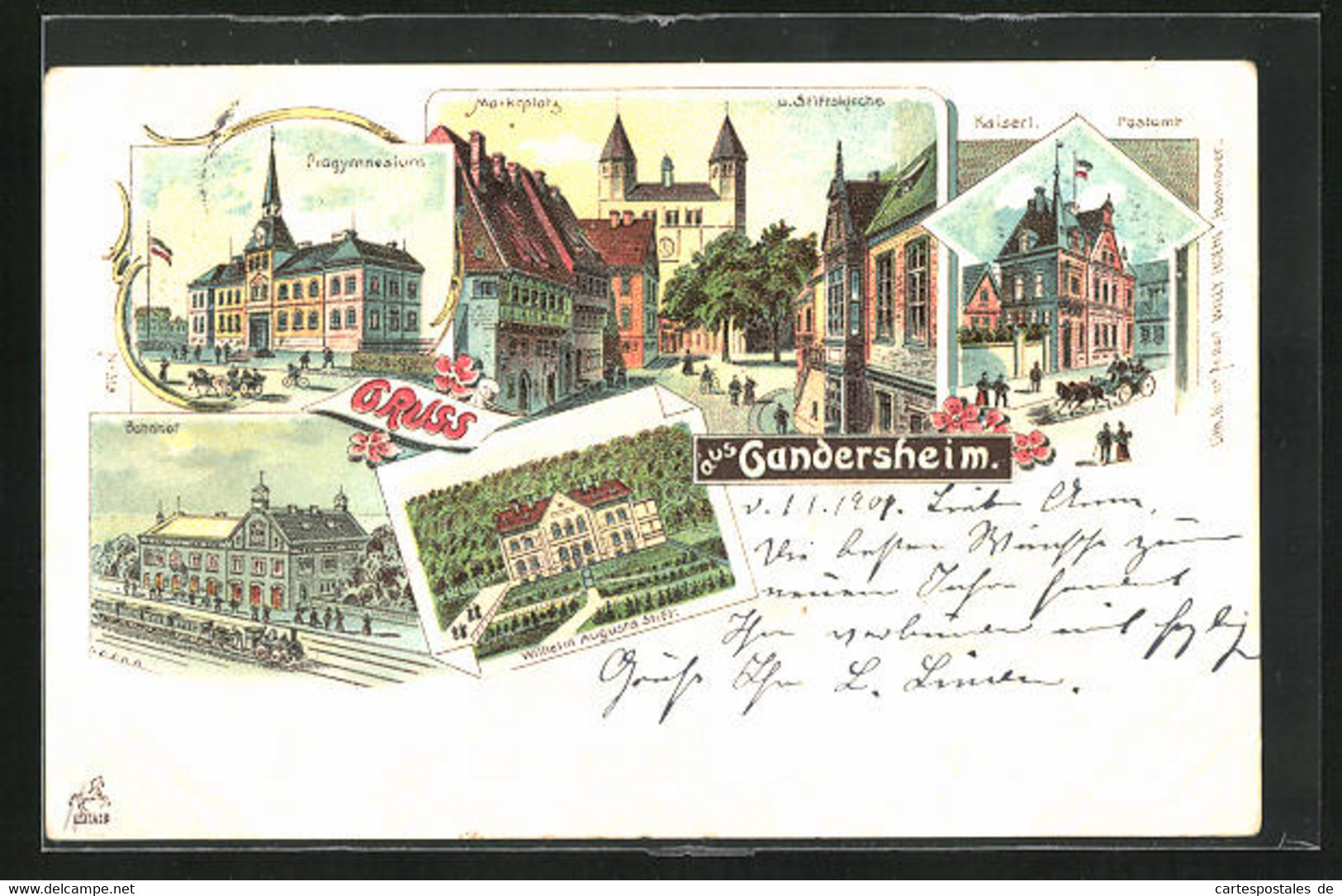 Lithographie Gandersheim, Wilhelm Augusta Stift, Bahnhof, Progymnasium - Bad Gandersheim