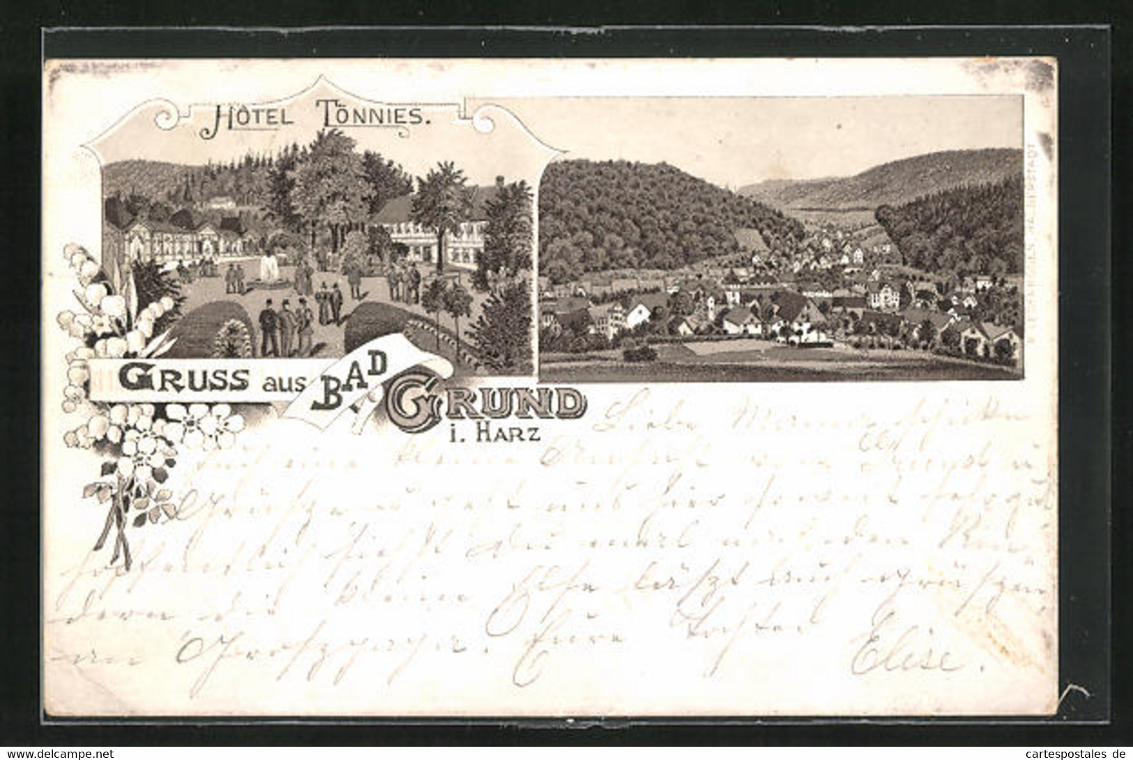 Lithographie Bad Grund, Gelaufen 1895, Hotel Tönnies, Totalansicht Der Ortschaft - Bad Grund