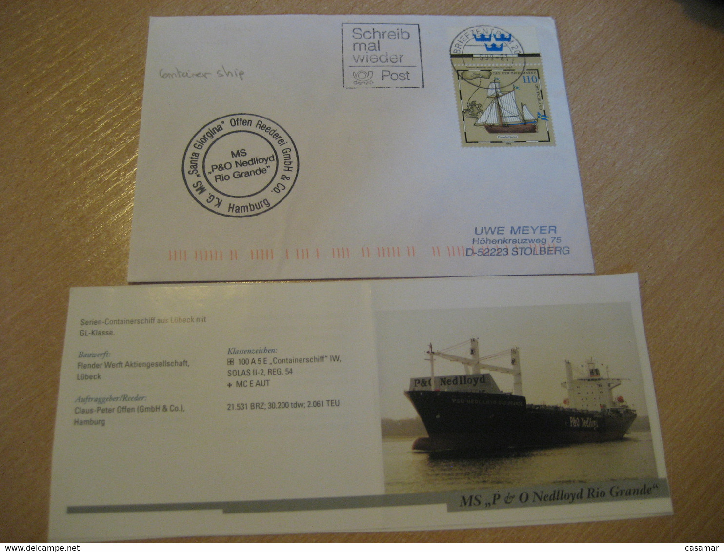 NEDLLOYD RIO GRANDE P&O MS Container Ship Cover Hamburg Santa Giorgina MS 1999 Cancel GERMANY + Image - Ships