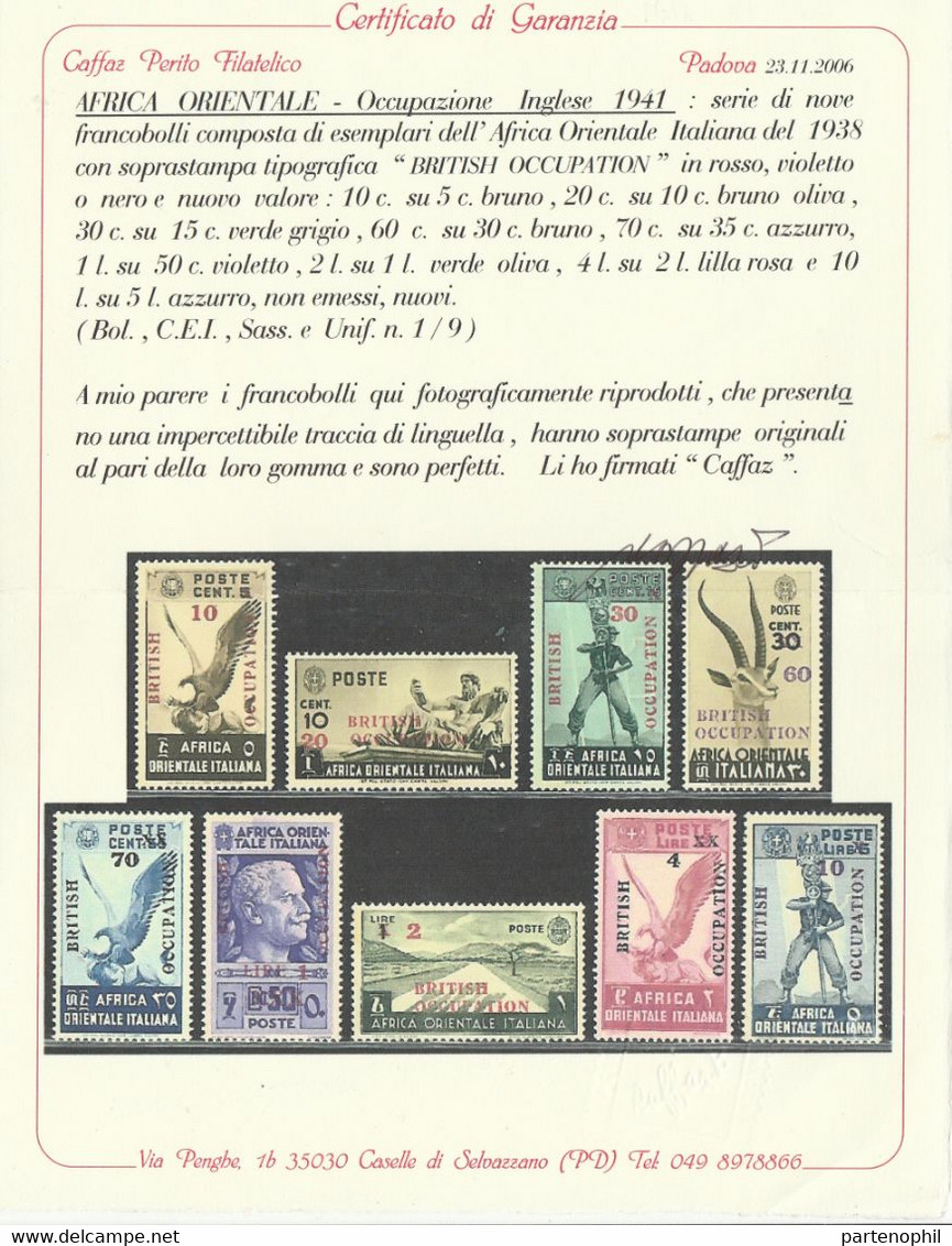 464 * 1941 – Occupazione Inglese, Francobolli Dell’Africa Orientale Italiana Del 1938 Soprastampati “ BRITISH OCCUPATION - Afrique Orientale