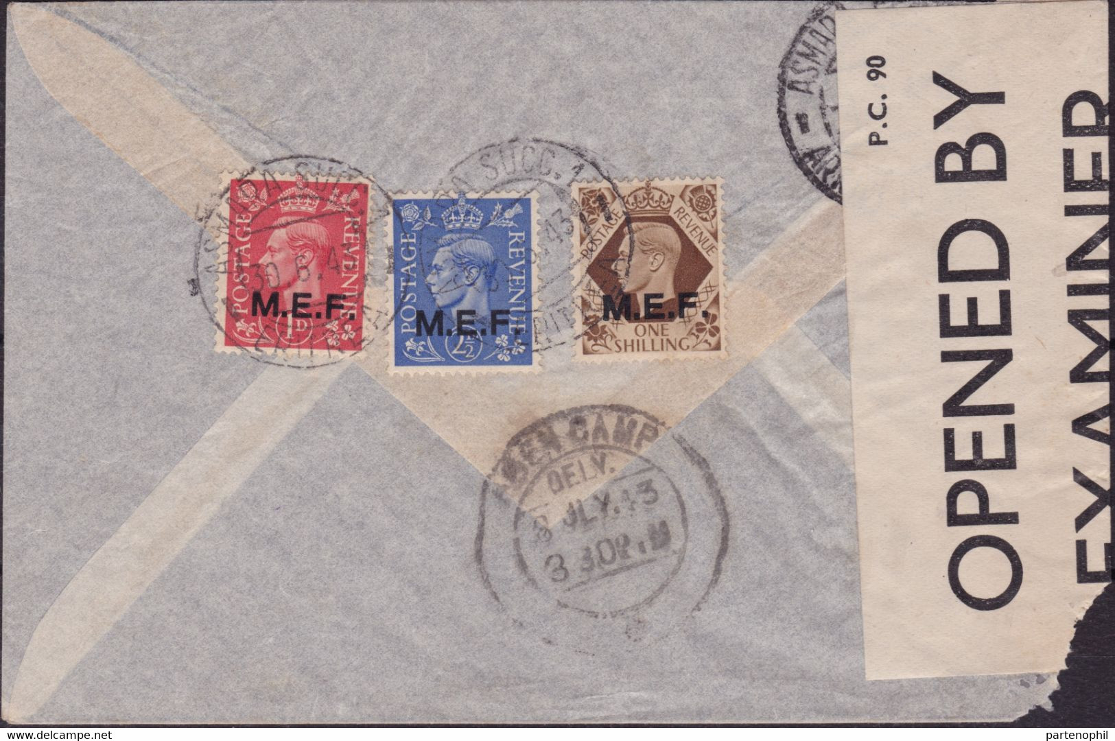 470 * Lettera Da Asmara Del 30.6.43 Per Aden Affrancata Al Verso Con MEF 1p. + 2½ P. + 1 S. N. 6, 8, 13. Verificata Per - Afrique Orientale