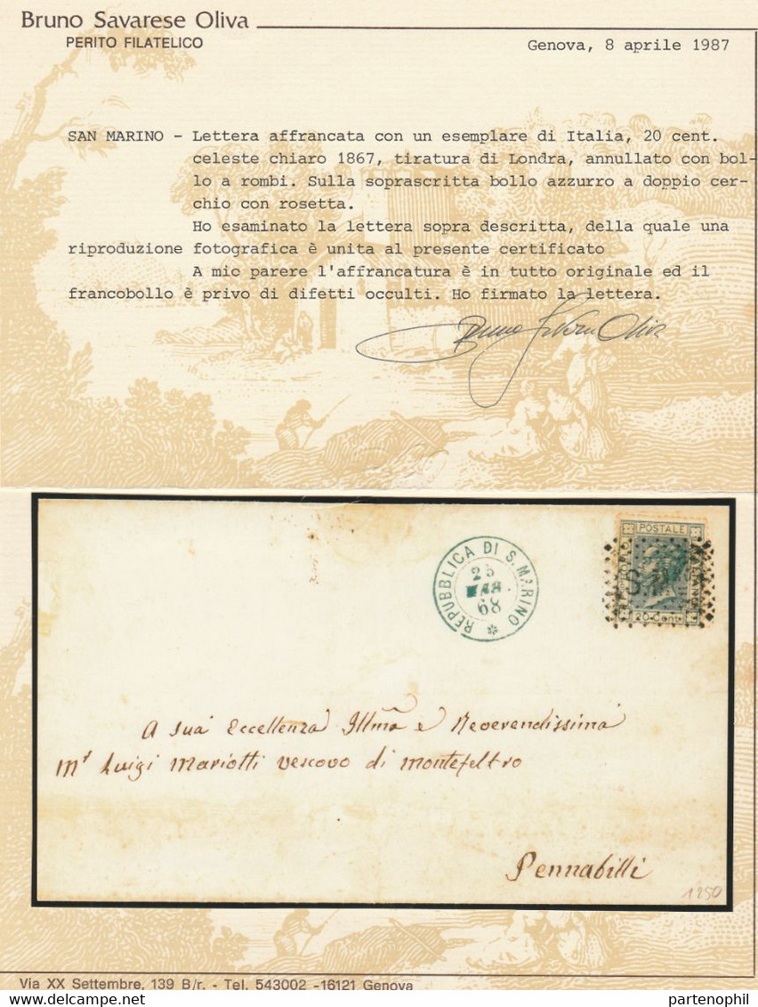 San Marino - 471 * Lettera Affrancata Con Un Esemplare Di Italia 20 C. Celeste Chiaro 1867, Tiratura Di Londra, Annullat - Lettres & Documents