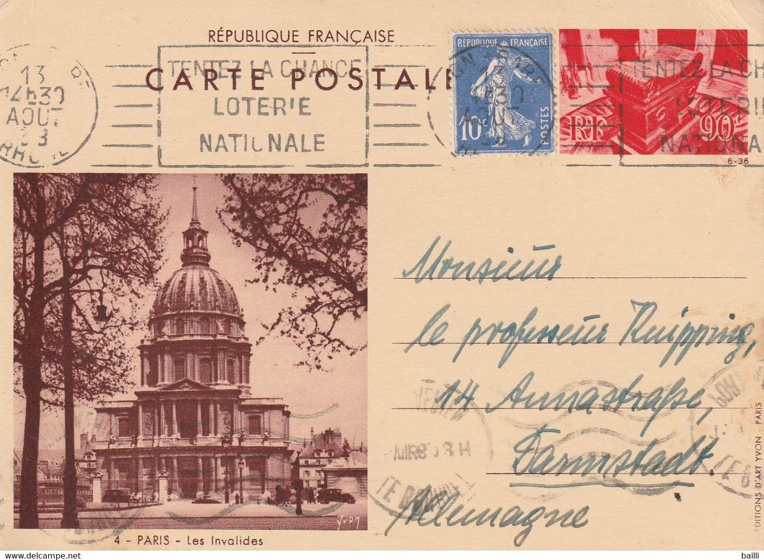 France Entier Postal Illustré Pour L'Allemagne 1938 - Postales Tipos Y (antes De 1995)