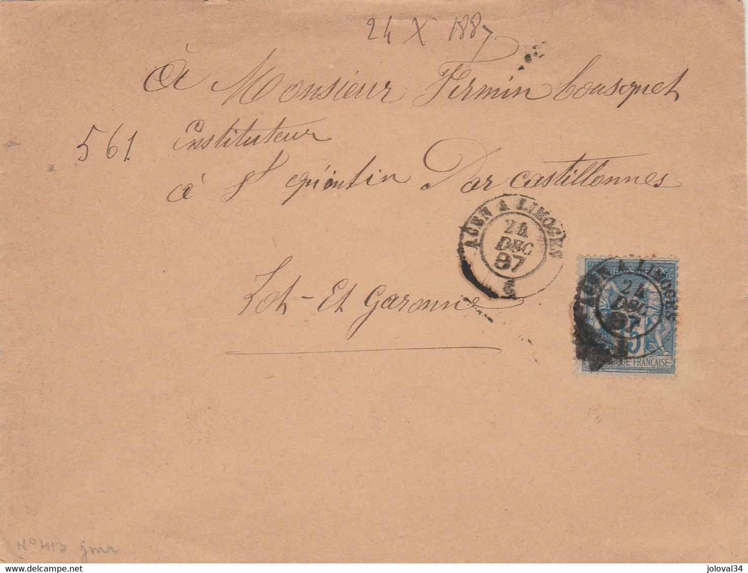 Yvert 90 Sage Lettre Cachet Ambulant AGEN à LIMOGES C 24/12/1887 à St Quentin Castillones Lot Et Garonne Passe Bergerac - Railway Post