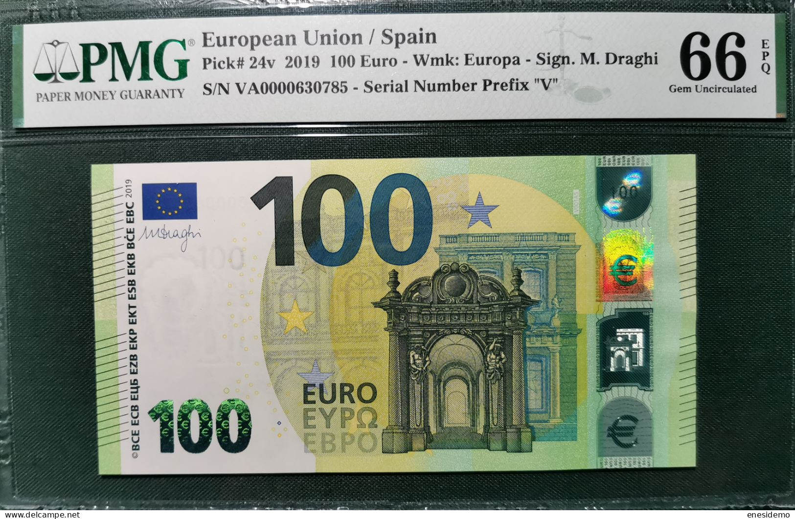 100 EURO SPAIN 2019 DRAGHI V001A5 VA0000 PMG 66 RARE VERY LOW SERIAL NUMBER SC FDS UNCIRCULATED PERFECT - 100 Euro