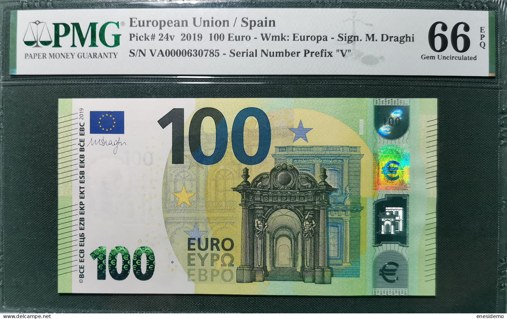 100 EURO SPAIN 2019 DRAGHI V001A5 VA0000 PMG 66 RARE VERY LOW SERIAL NUMBER SC FDS UNCIRCULATED PERFECT - 100 Euro