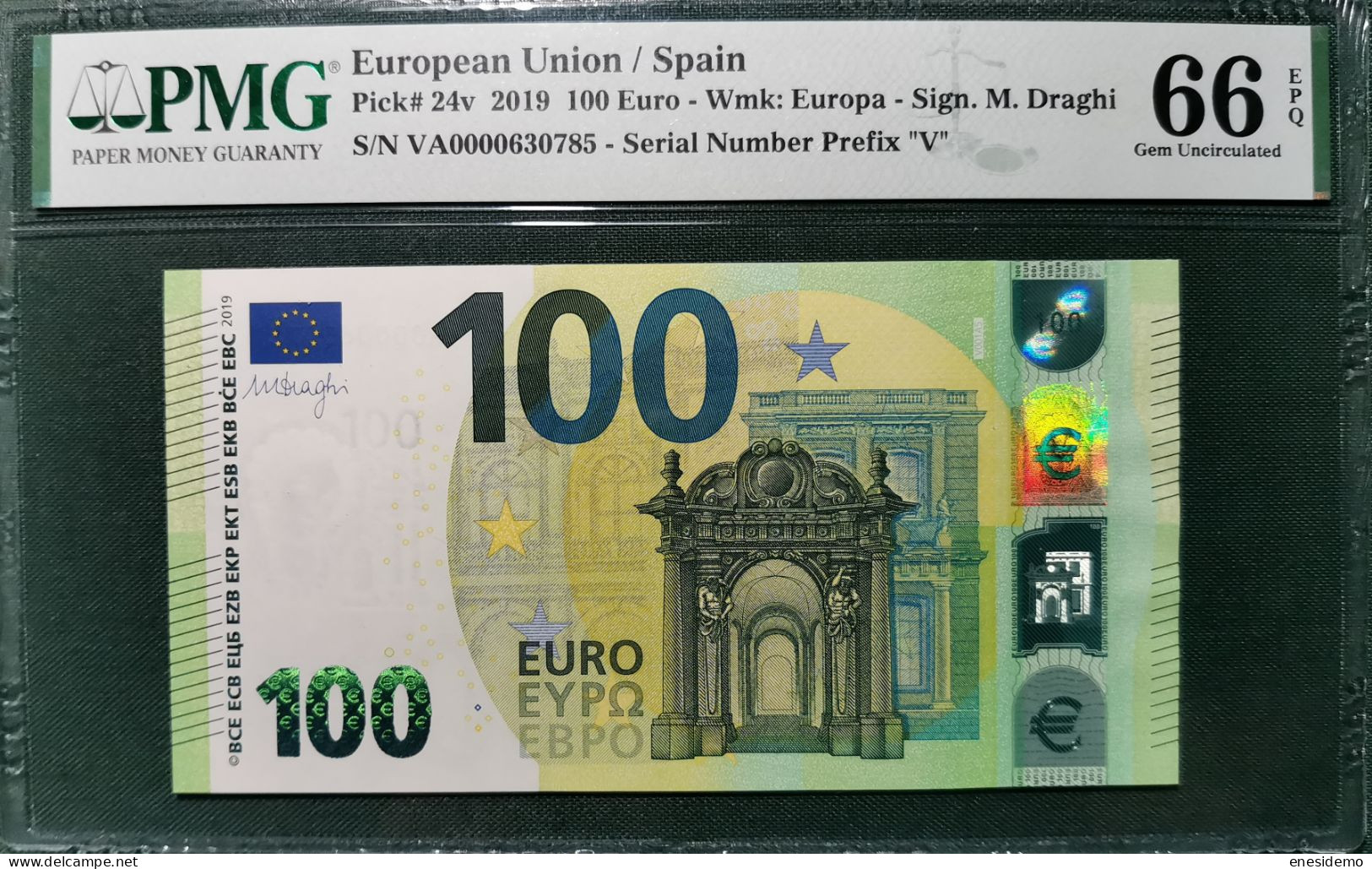 100 EURO SPAIN 2019 DRAGHI V001A5 VA0000 PMG 66 RARE VERY LOW SERIAL NUMBER SC FDS UNCIRCULATED PERFECT - 100 Euro