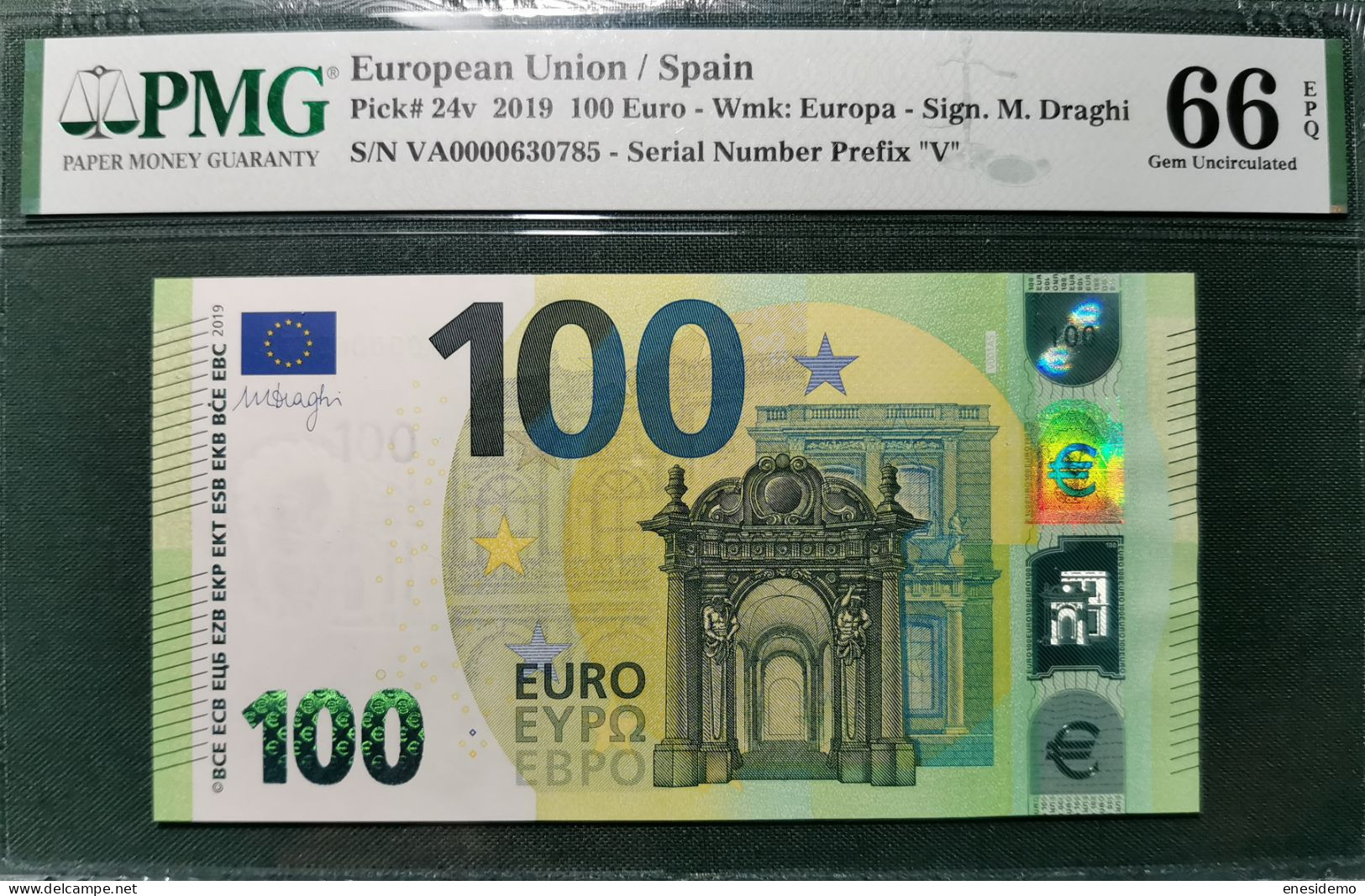 100 EURO SPAIN 2019 DRAGHI V001A5 VA0000 PMG 66 RARE VERY LOW SERIAL NUMBER SC FDS UNCIRCULATED PERFECT