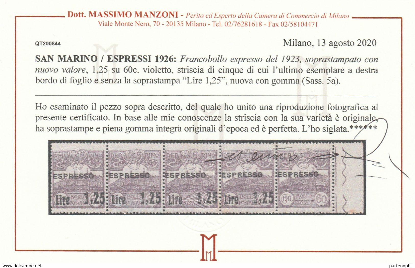 San Marino - 530 ** 1926 – Francobollo Espresso Del 1923 Soprastampato Con Nuovo Valore, 1,25 Su 60c. Violetto, Striscia - Variedades Y Curiosidades