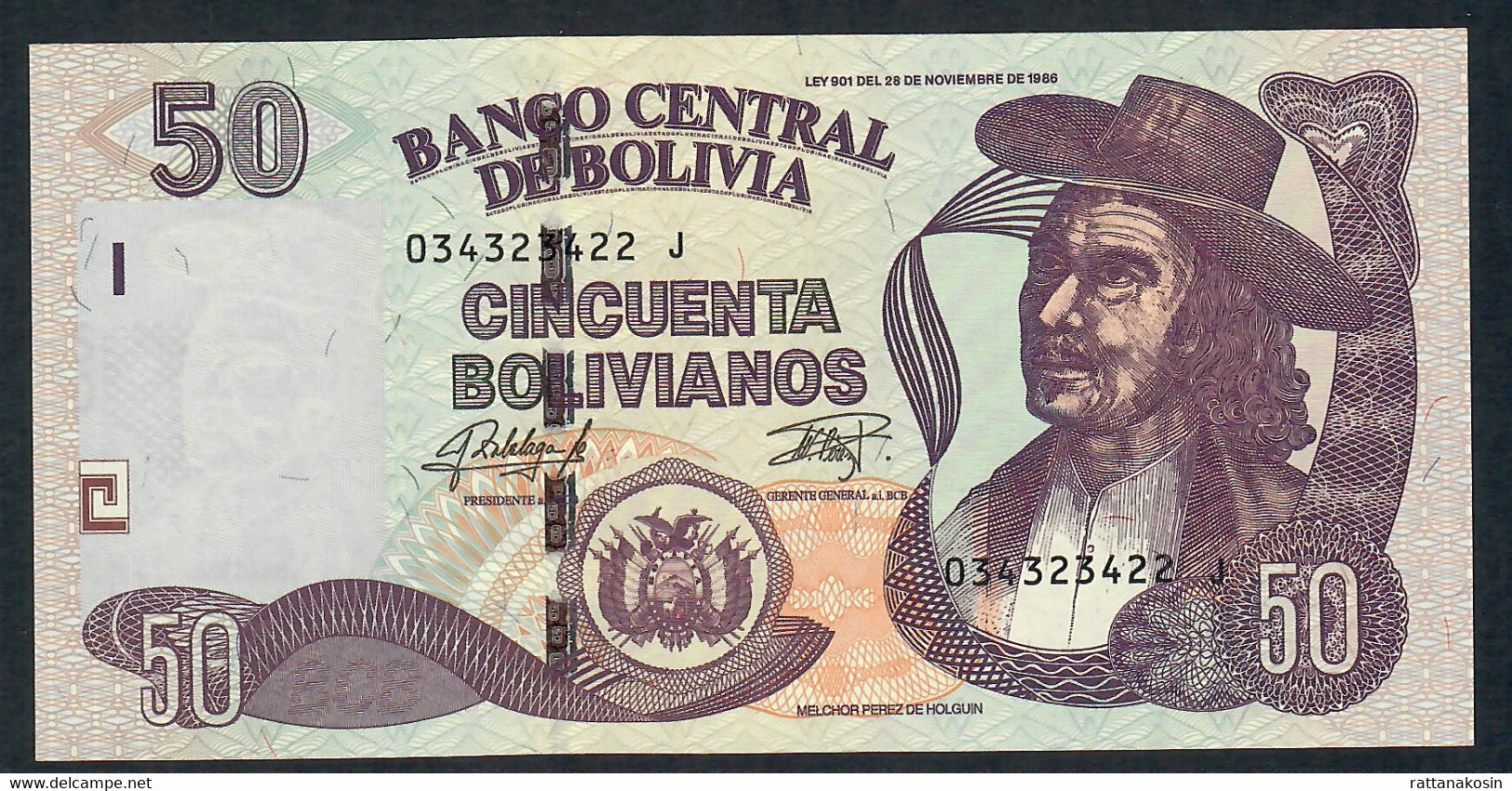 BOLIVIA P245d 50 BOLIVIANOS 1986 Issued 2015 Serie J Signature 92 UNC. - Bolivia