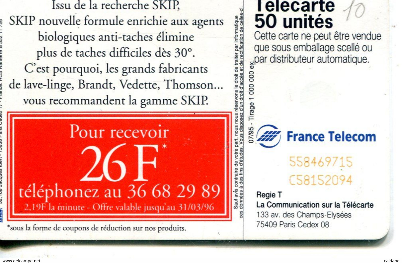 TELECARTE  France Telecom  50  UNITES.      1.000.000.  EX. - Telecom