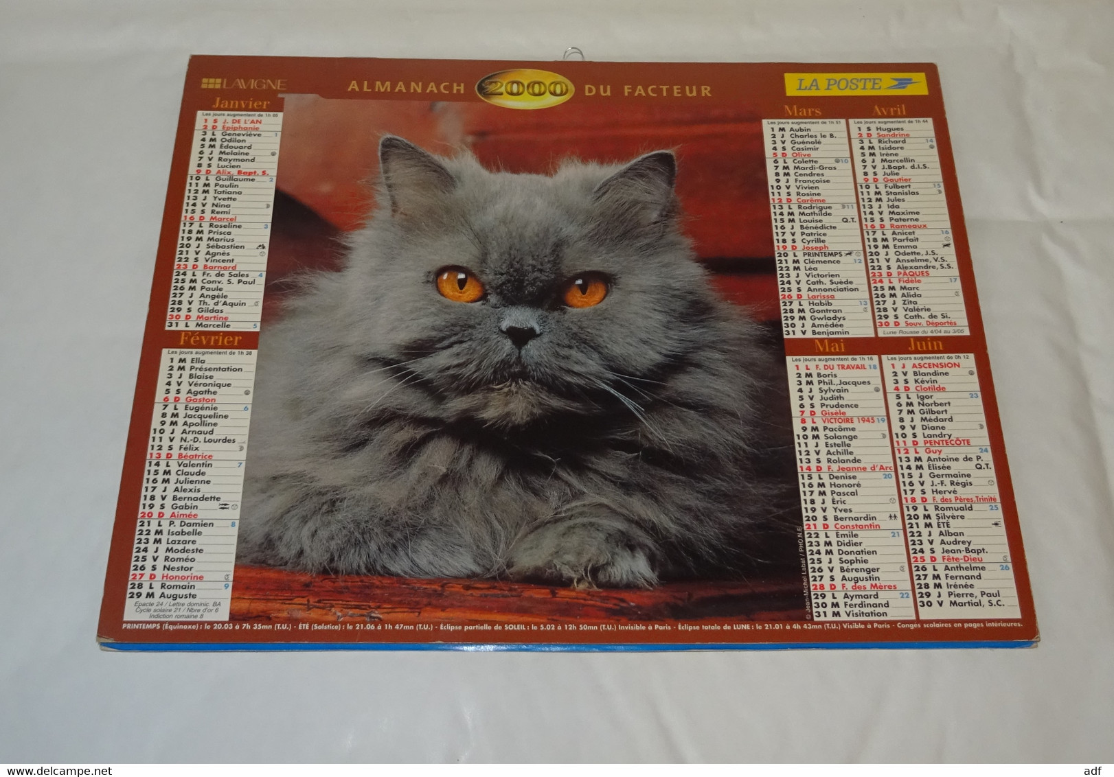 2000 ANNEE BISSEXTILE CALENDRIER ALMANACH DU FACTEUR, LA POSTE, CHAT, CHATS, LAVIGNE, MARNE 51 - Big : 1991-00