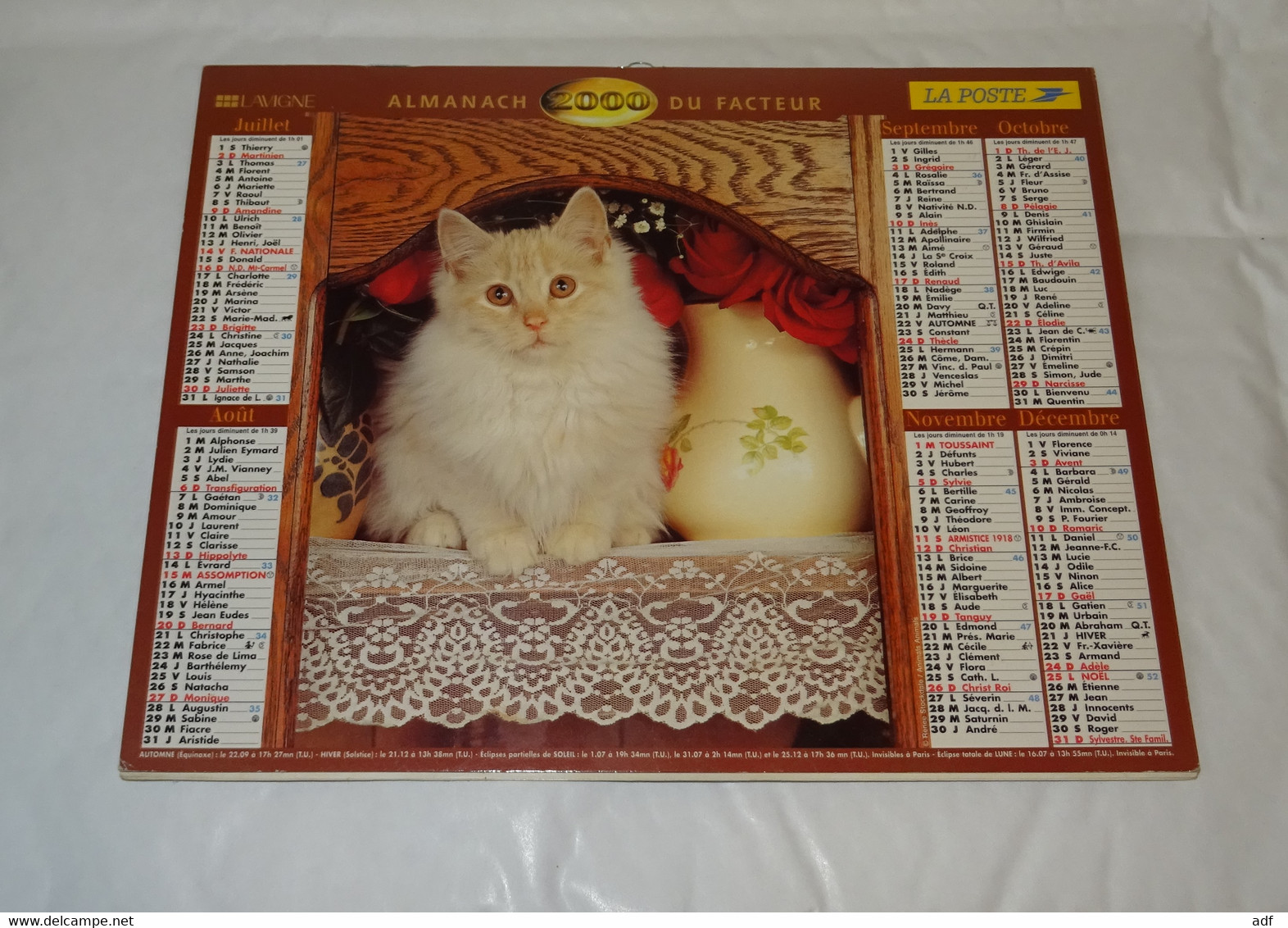 2000 ANNEE BISSEXTILE CALENDRIER ALMANACH DU FACTEUR, LA POSTE, CHAT, CHATS, LAVIGNE, MARNE 51 - Tamaño Grande : 1991-00