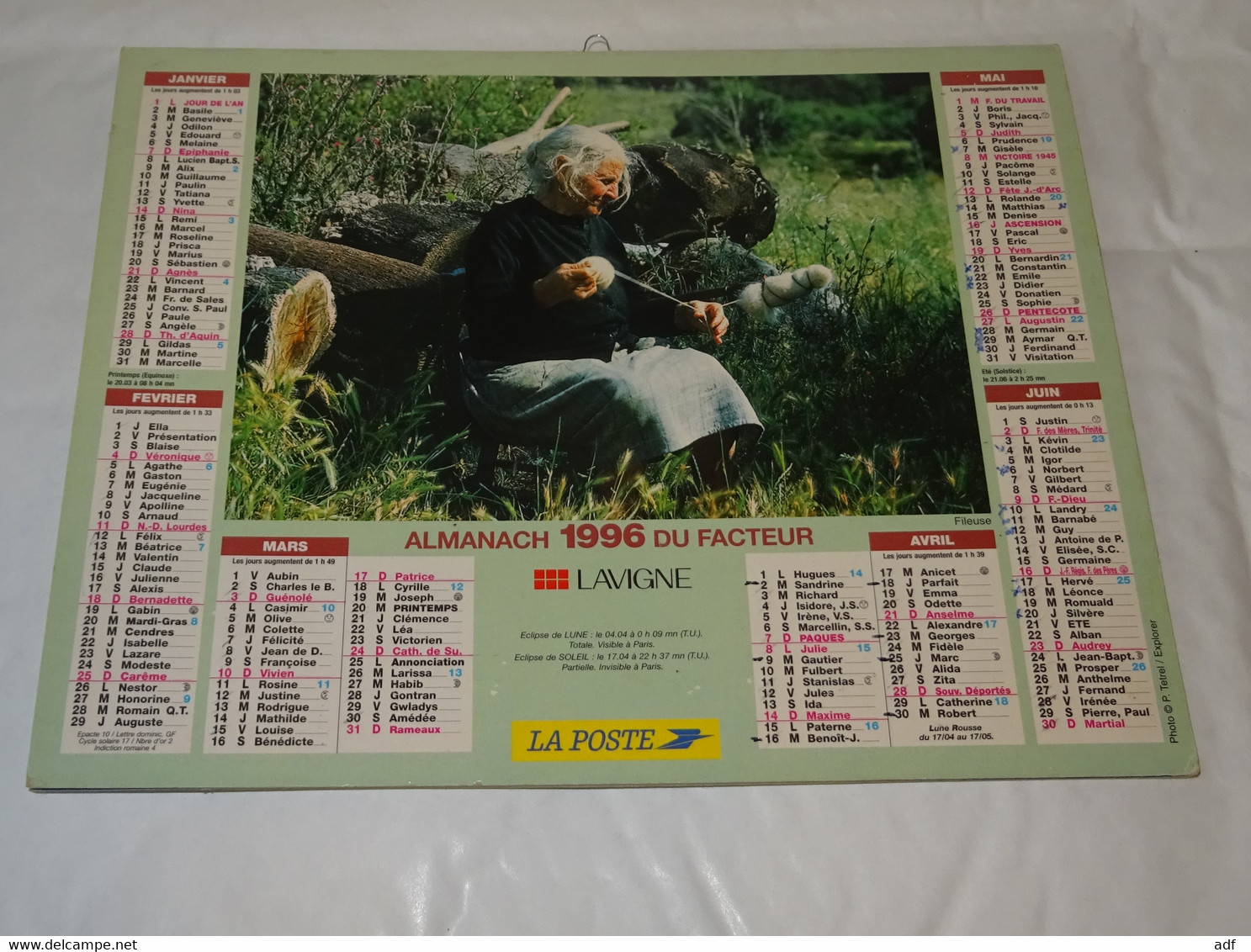 1996 ANNEE BISSEXTILE CALENDRIER ALMANACH DU FACTEUR, LA POSTE, PECHEUR, FILEUSE, LAVIGNE, MARNE 51 - Big : 1991-00