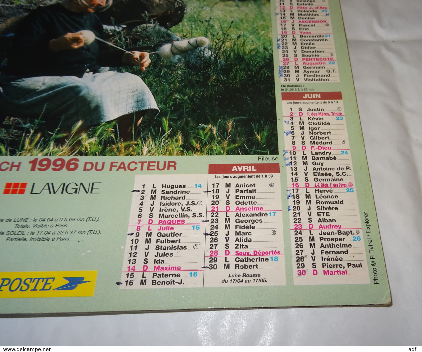 1996 ANNEE BISSEXTILE CALENDRIER ALMANACH DU FACTEUR, LA POSTE, PECHEUR, FILEUSE, LAVIGNE, MARNE 51 - Grossformat : 1991-00