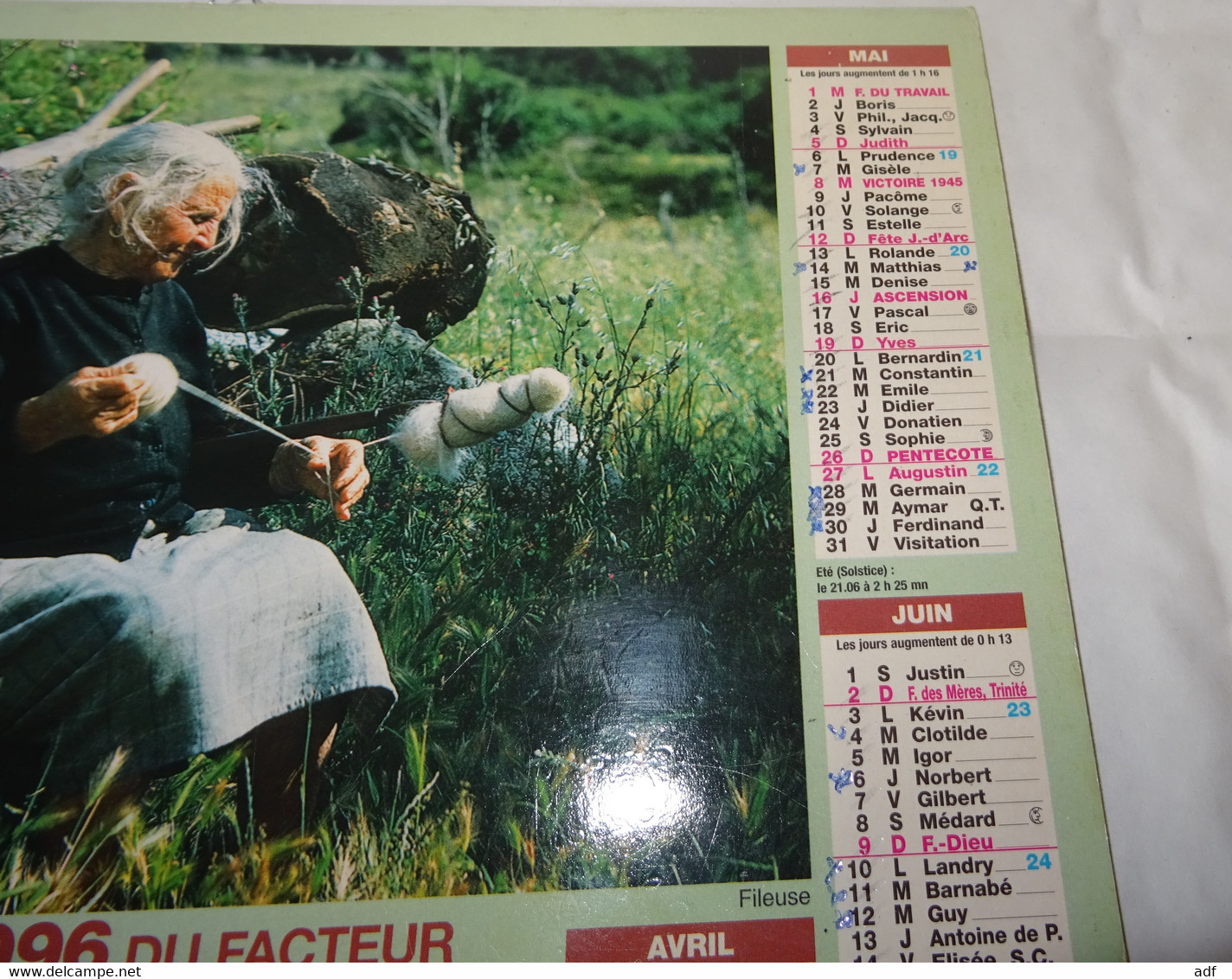 1996 ANNEE BISSEXTILE CALENDRIER ALMANACH DU FACTEUR, LA POSTE, PECHEUR, FILEUSE, LAVIGNE, MARNE 51 - Big : 1991-00