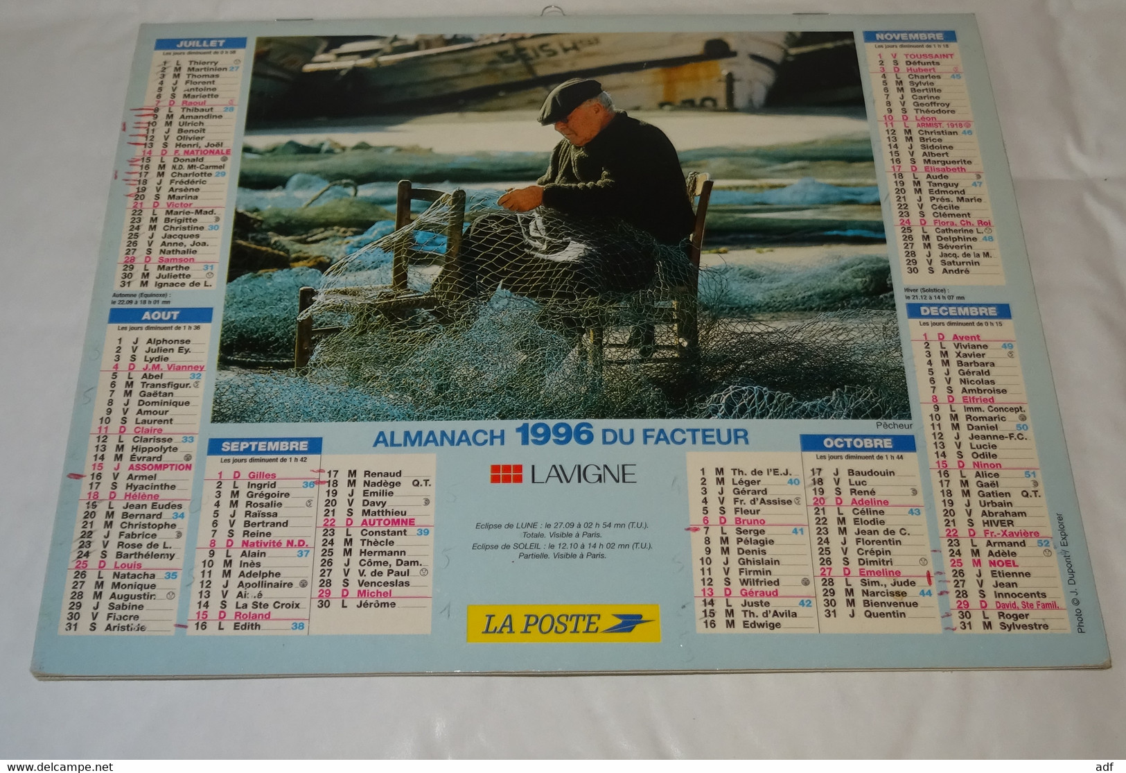 1996 ANNEE BISSEXTILE CALENDRIER ALMANACH DU FACTEUR, LA POSTE, PECHEUR, FILEUSE, LAVIGNE, MARNE 51 - Grossformat : 1991-00