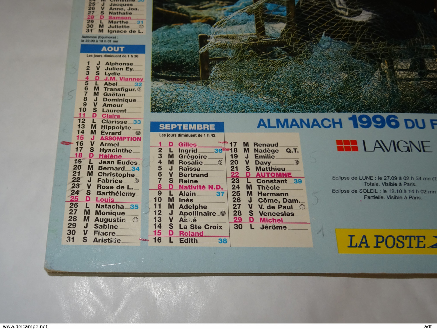 1996 ANNEE BISSEXTILE CALENDRIER ALMANACH DU FACTEUR, LA POSTE, PECHEUR, FILEUSE, LAVIGNE, MARNE 51