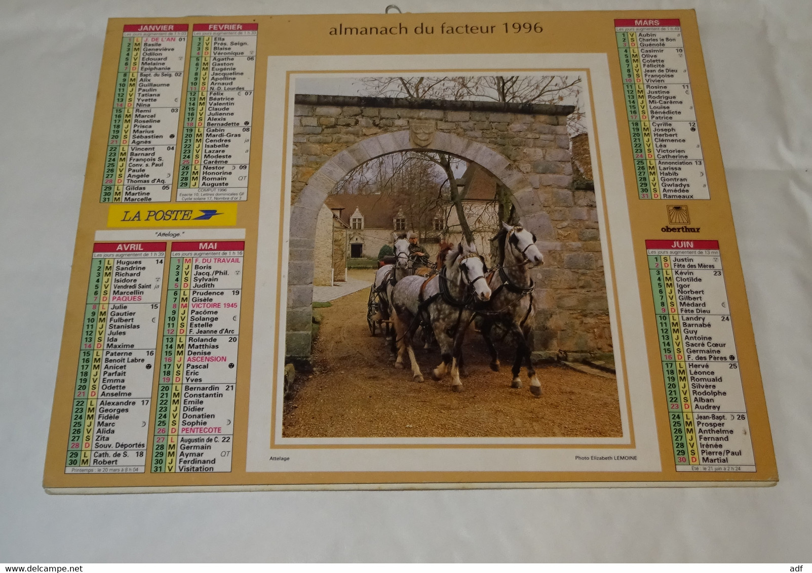 1996 ANNEE BISSEXTILE CALENDRIER ALMANACH DU FACTEUR, LA POSTE, UNGERSHEIM, ATTELAGE CHEVAUX, OBERTHUR, MARNE 51 - Tamaño Grande : 1991-00