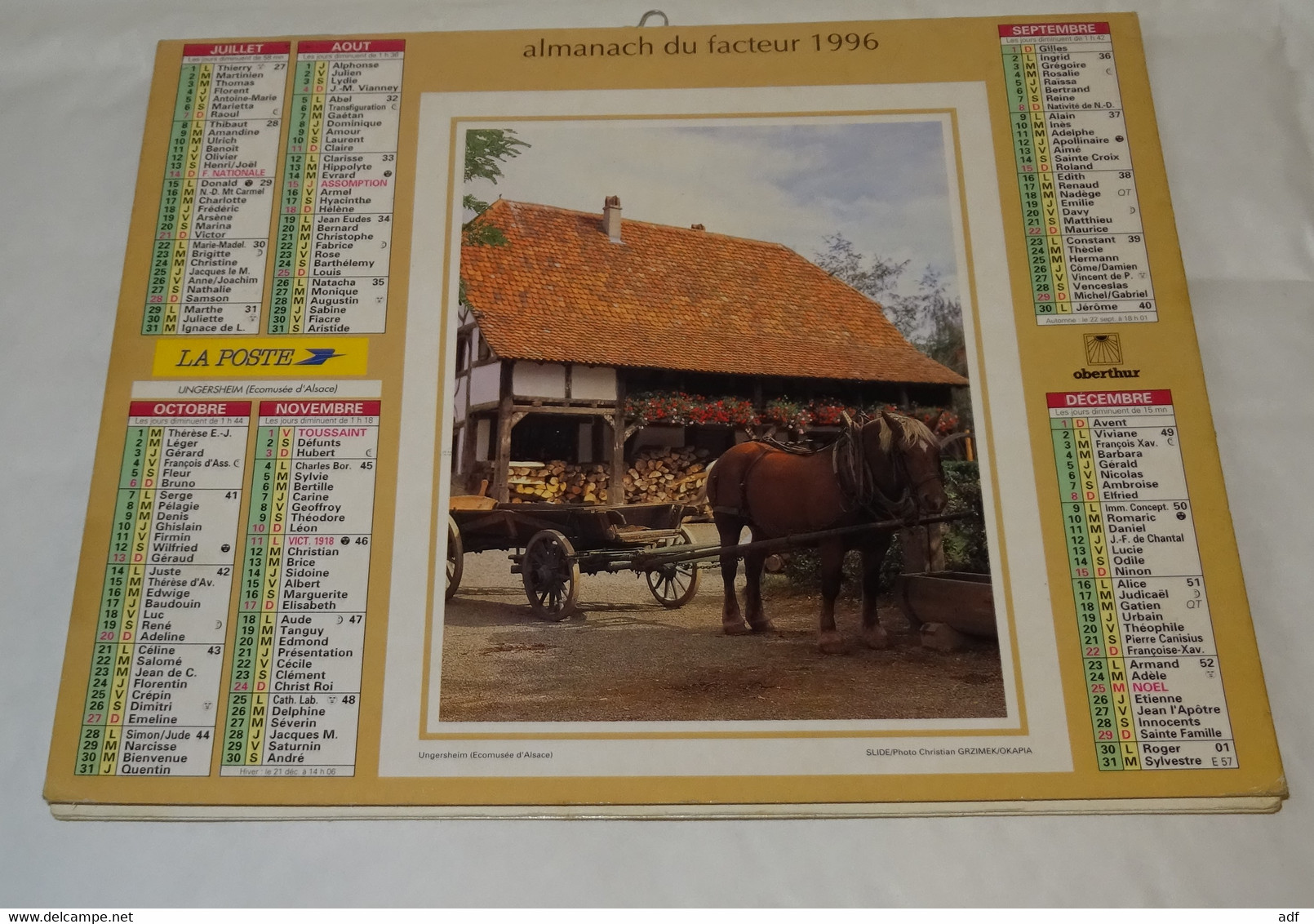 1996 ANNEE BISSEXTILE CALENDRIER ALMANACH DU FACTEUR, LA POSTE, UNGERSHEIM, ATTELAGE CHEVAUX, OBERTHUR, MARNE 51 - Grand Format : 1991-00