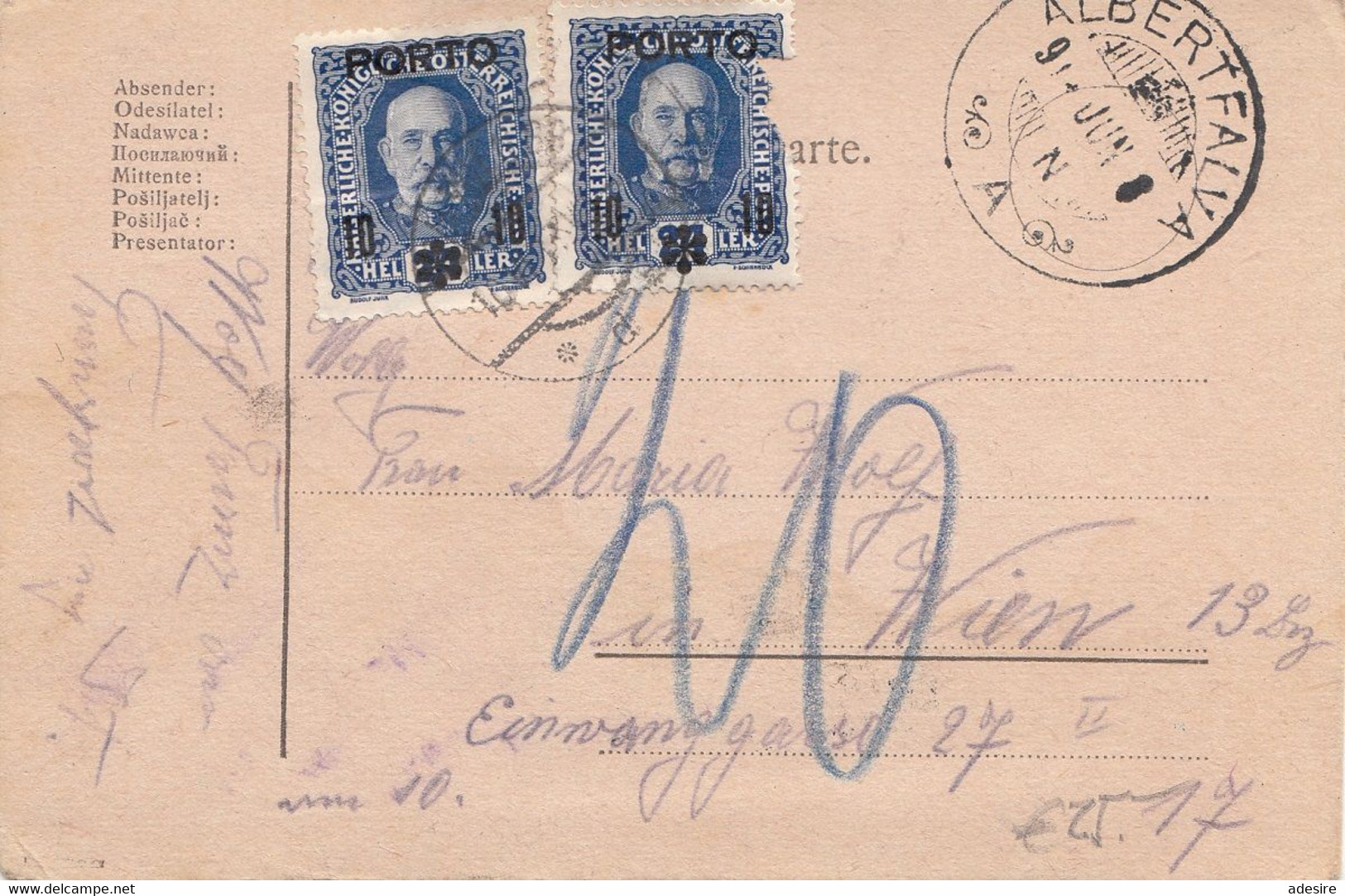 ÖSTERREICH NACHPORTO 1917 - 2 X 10 Auf 24 Heller Nachporto (Ank60) Auf Postkarte, Gelaufen V. ALBERTFALVA > WIEN XIII .. - Abarten & Kuriositäten