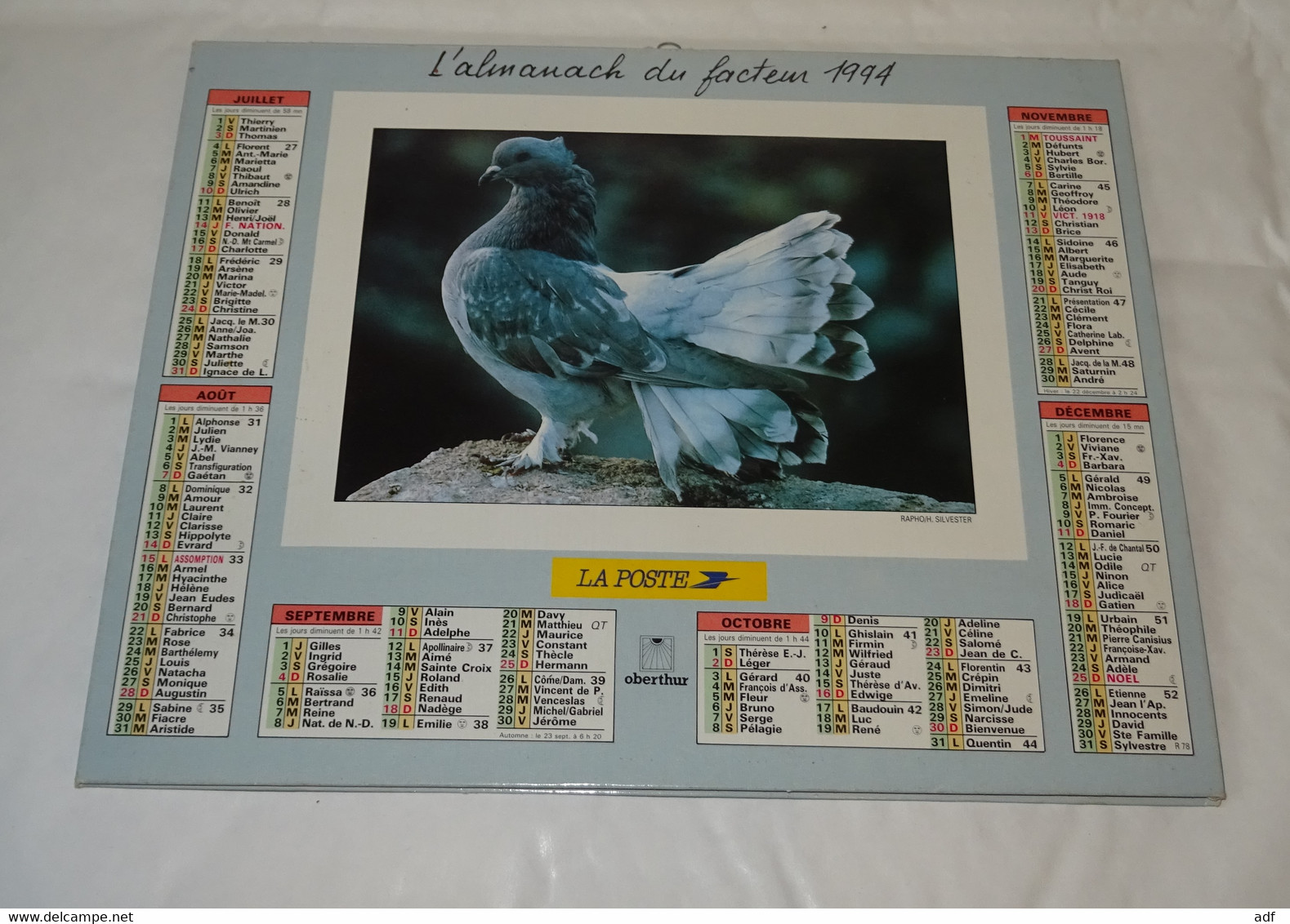 1994 CALENDRIER ( Double ) ALMANACH DU FACTEUR, LA POSTE, OISEAU, OISEAUX, OBERTHUR, MARNE 51 - Big : 1991-00