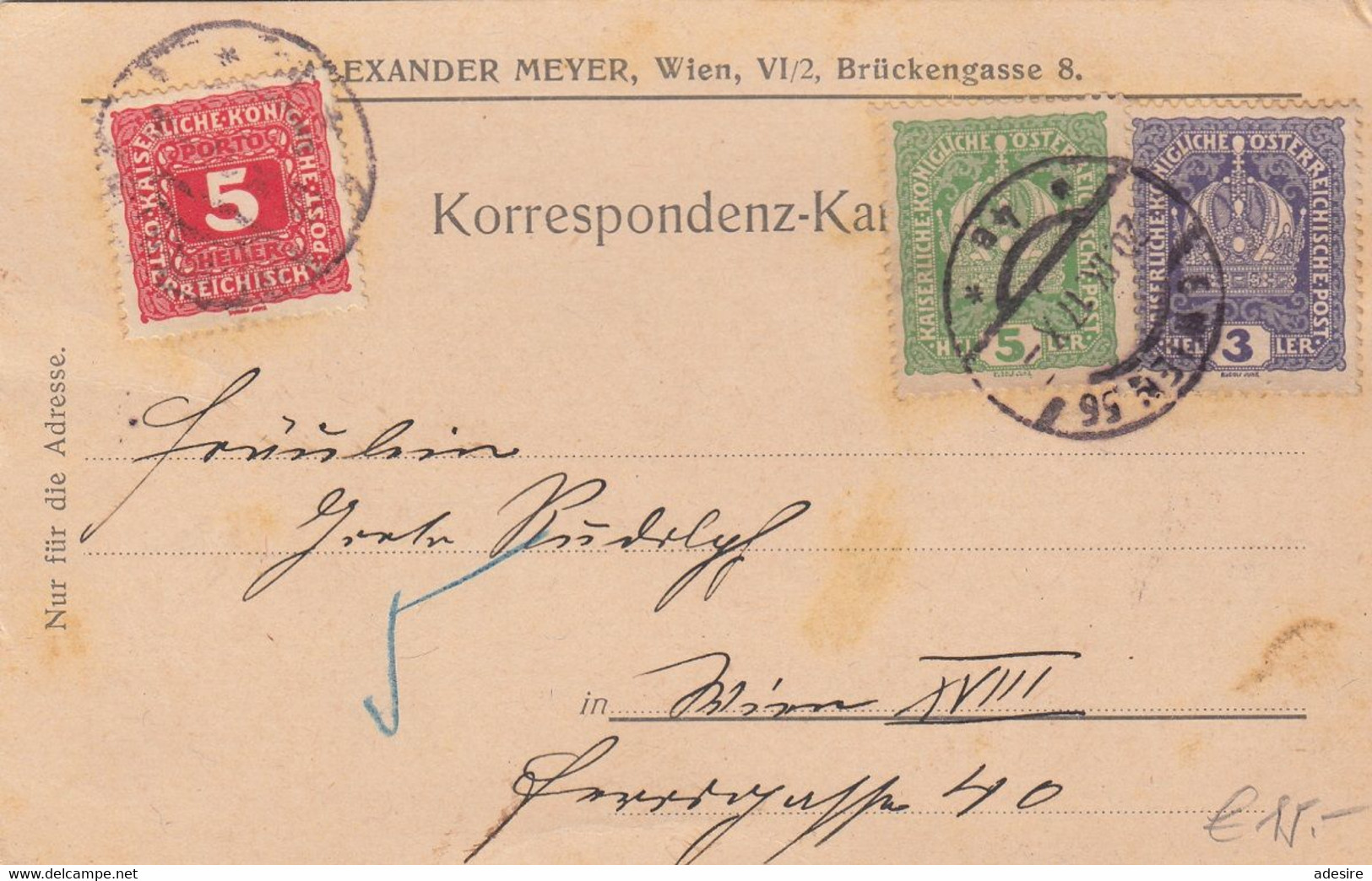 ÖSTERREICH NACHPORTO 1917 - 5 Heller Nachporto (Ank93) + 3 + 5 Heller Auf Postkarte, Gelaufen V. WIEN VI > WIEN XVI ... - Variétés & Curiosités