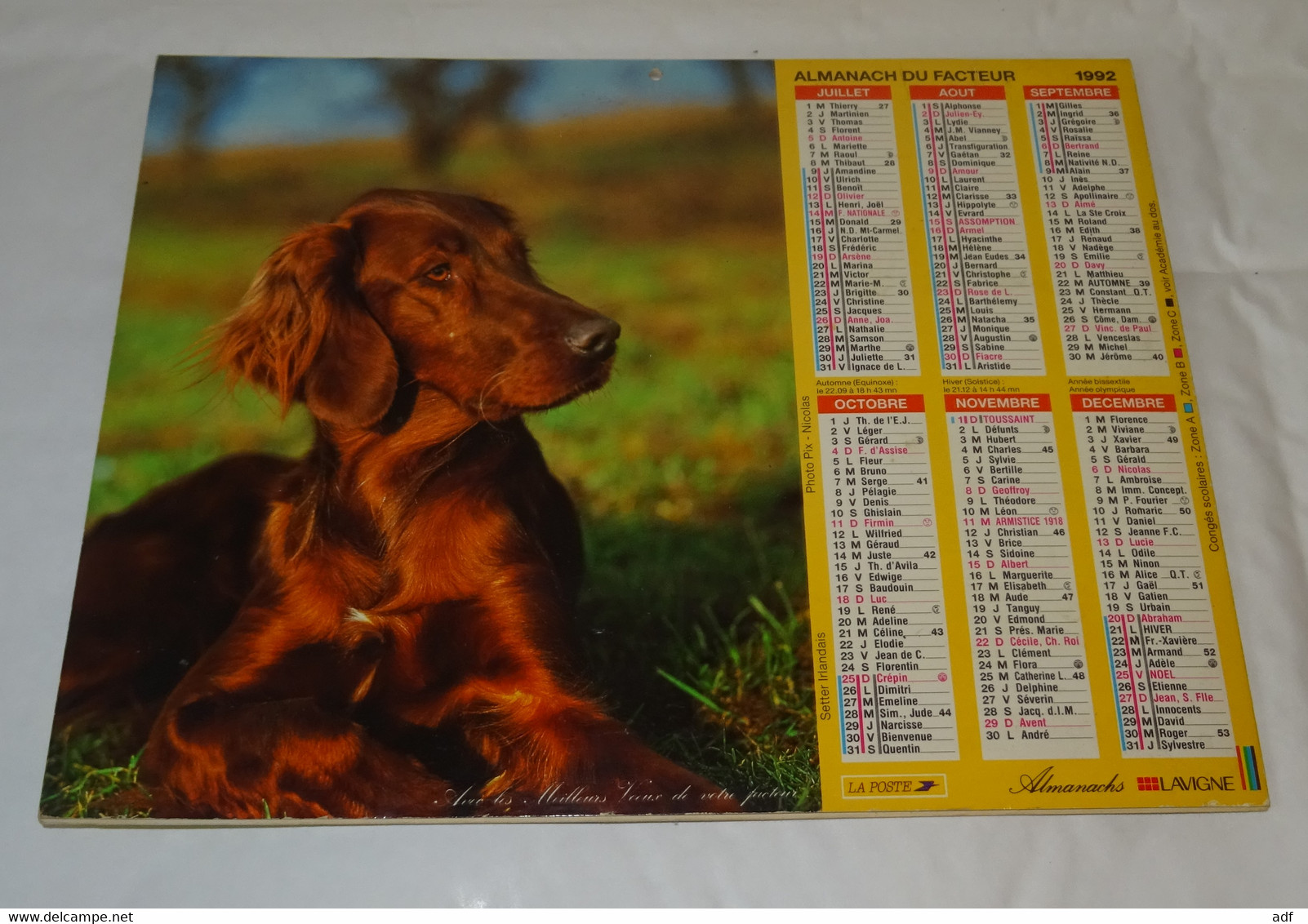 1992 ANNEE BISSEXTILE CALENDRIER ALMANACH DU FACTEUR, LA POSTE, SETTER IRLANDAIS, JARDIN FLEURI, LAVIGNE, VAR 83 - Big : 1991-00