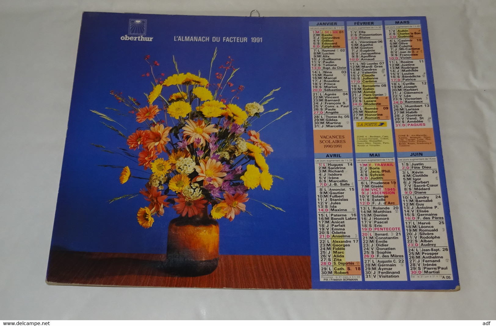 1991 CALENDRIER ( Double ) ALMANACH DU FACTEUR, LA POSTE, BOUQUET DE FLEURS, OBERTHUR, ARDENNES 08 - Tamaño Grande : 1991-00