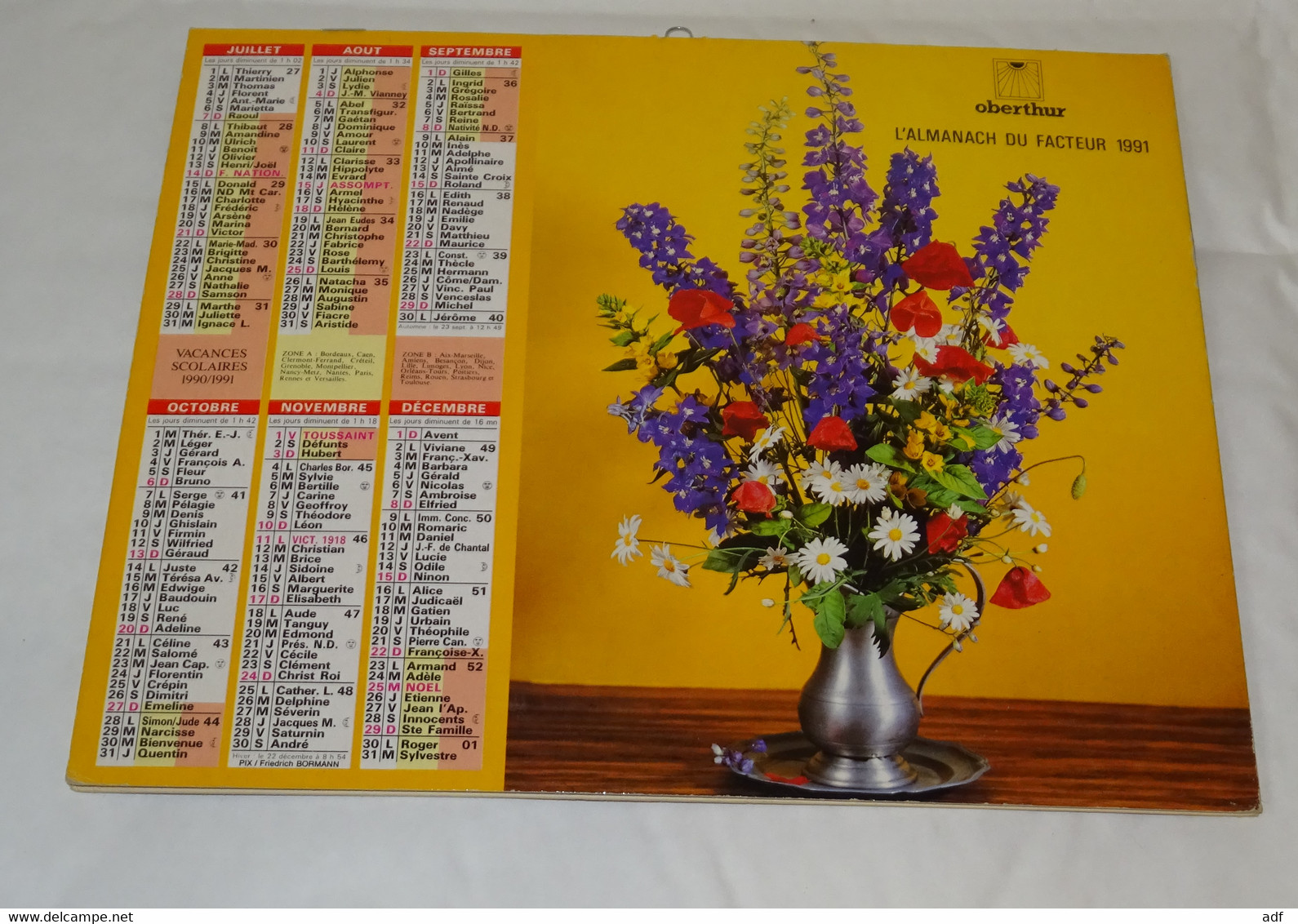 1991 CALENDRIER ( Double ) ALMANACH DU FACTEUR, LA POSTE, BOUQUET DE FLEURS, OBERTHUR, ARDENNES 08 - Grand Format : 1991-00